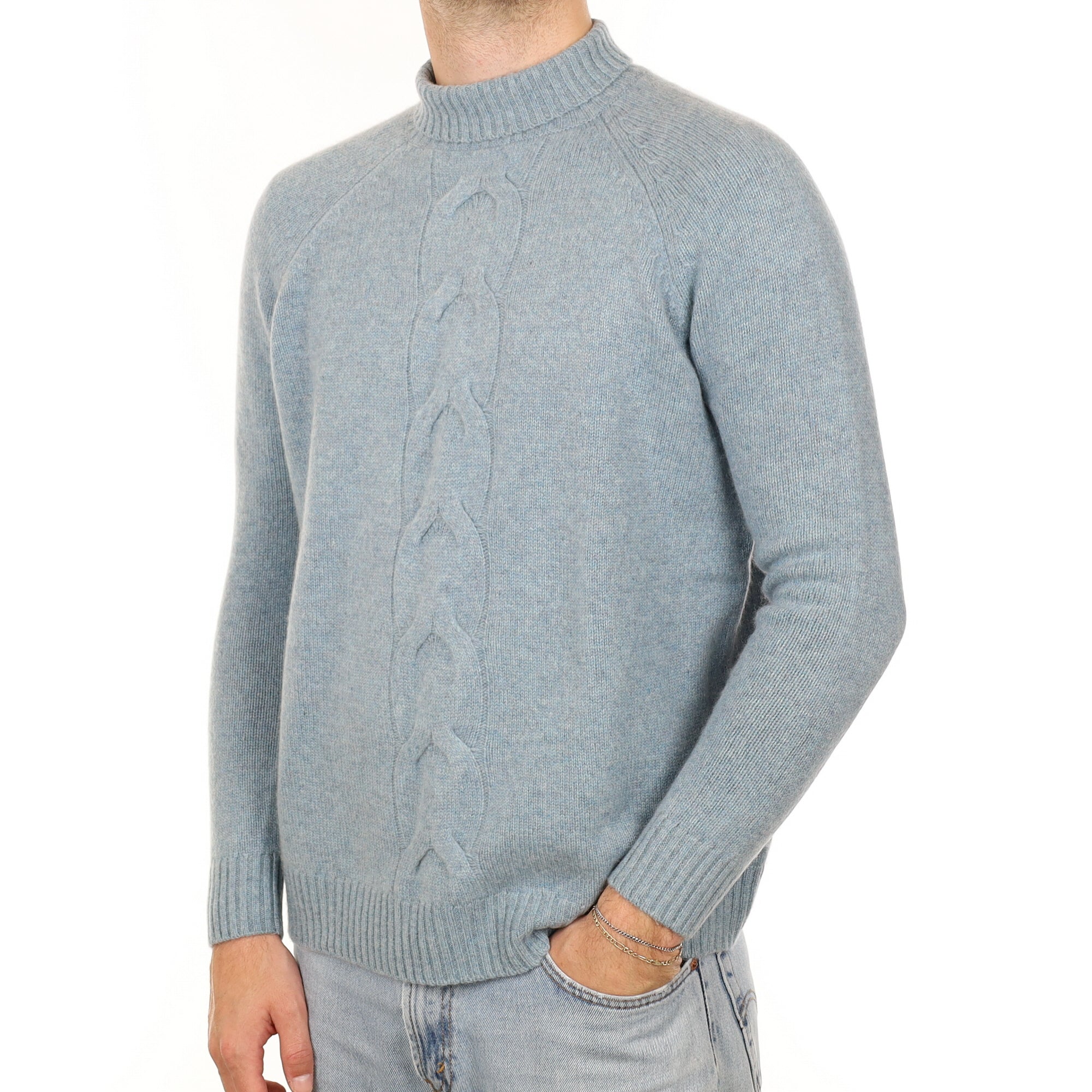 Men's Duck Egg Blue Chunky Cashmere Turtle Neck Jumper Large