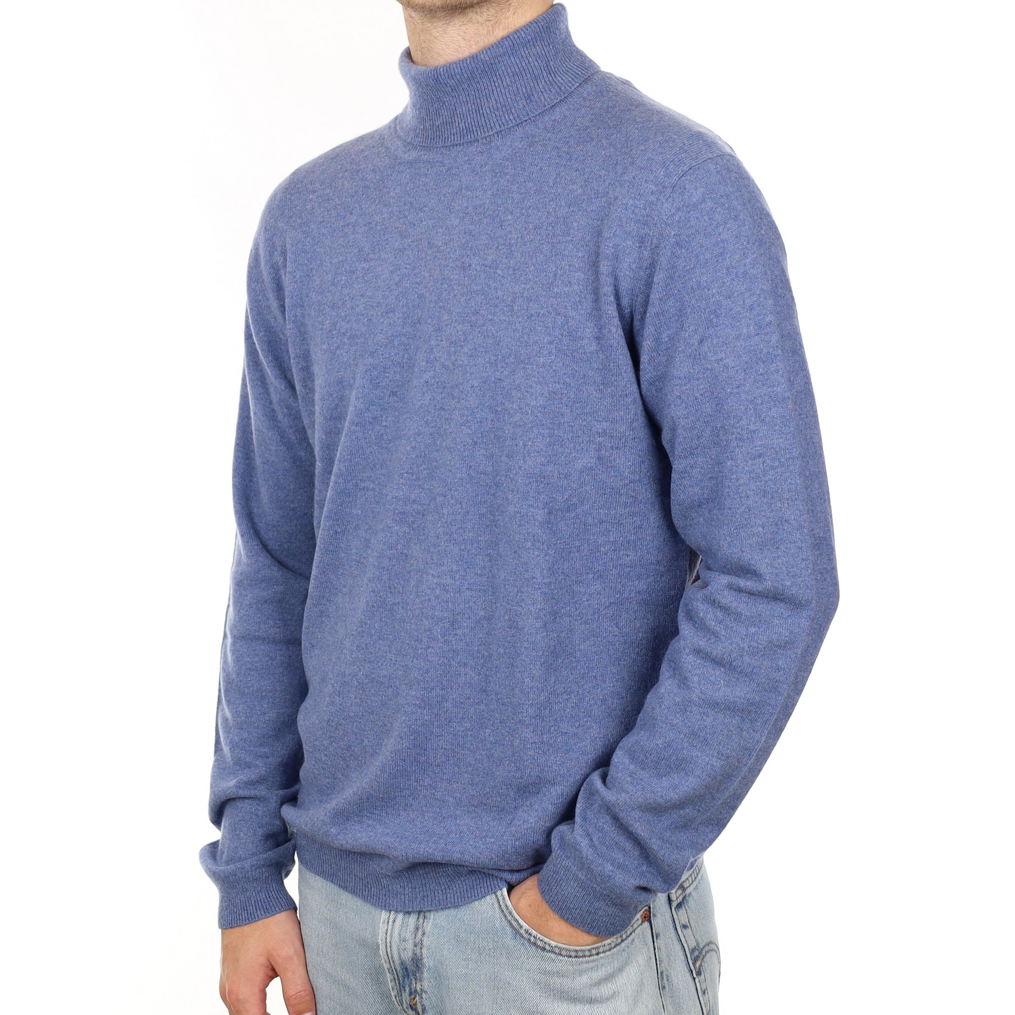 Men's Denim Blue Cashmere Polo Neck Jumper Large Tall