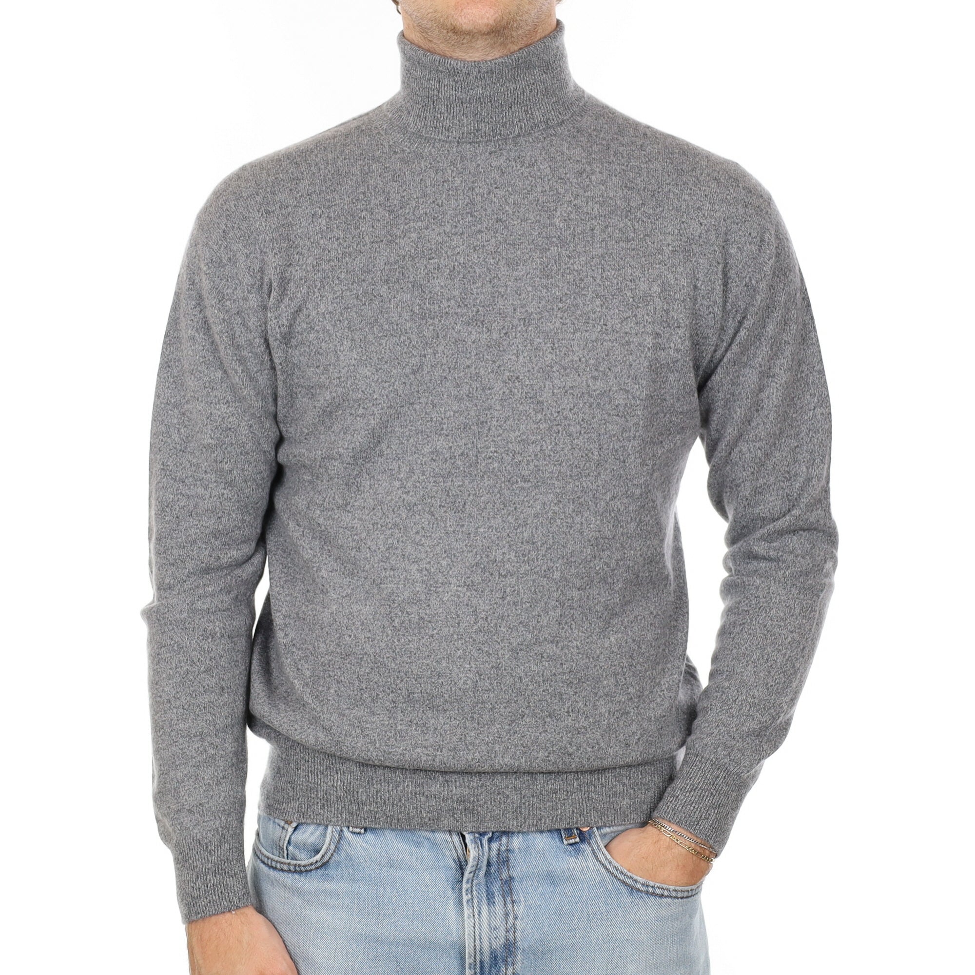 Men's Grey Marl Cashmere Polo Neck Jumper Large