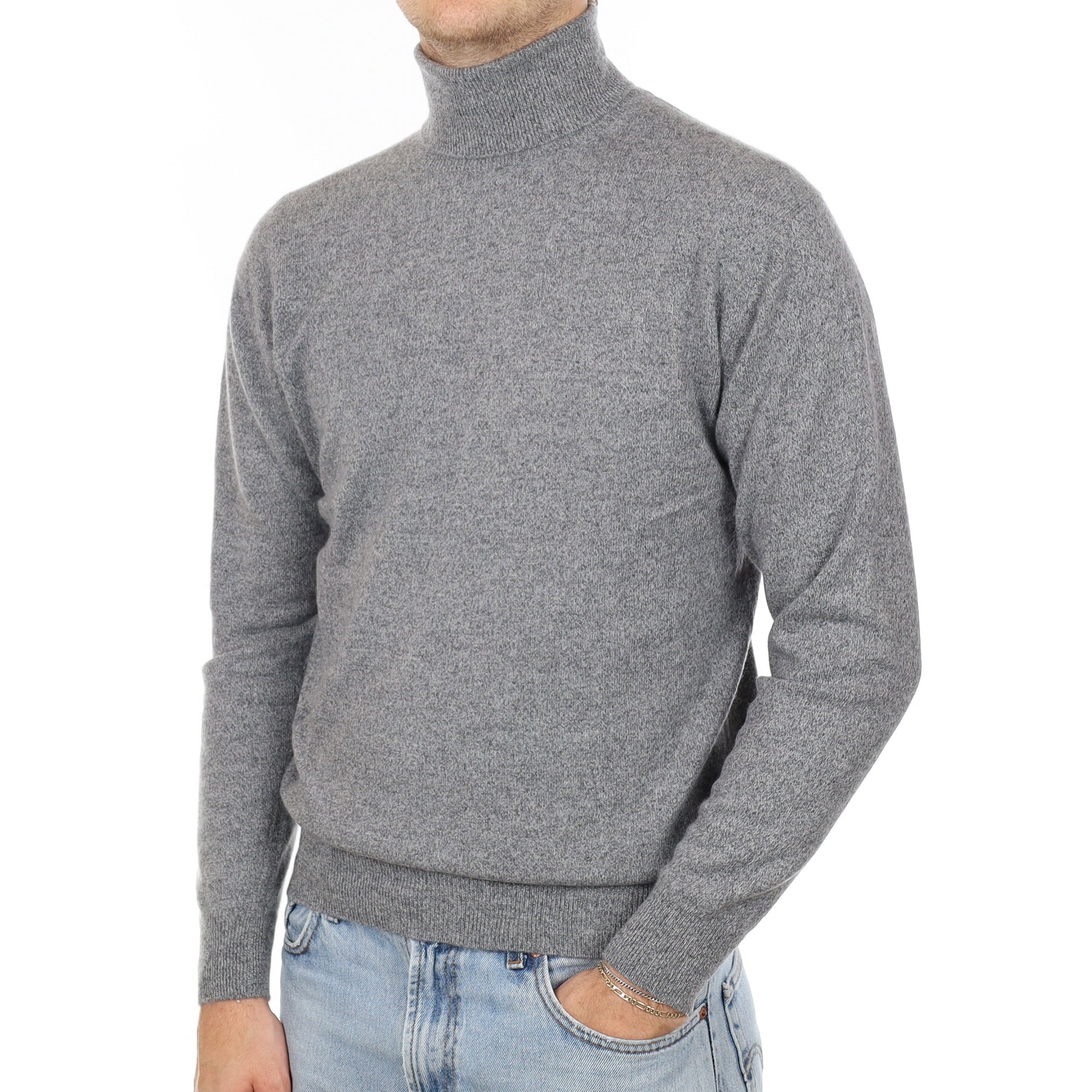 Men's Grey Marl Cashmere Polo Neck Jumper Large