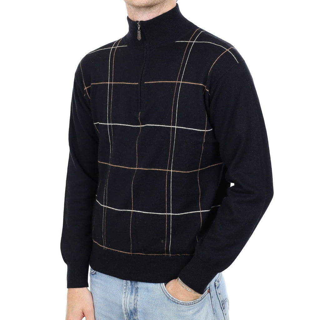 Men's Black Checked Cashmere 1/4 Zip Jumper Large
