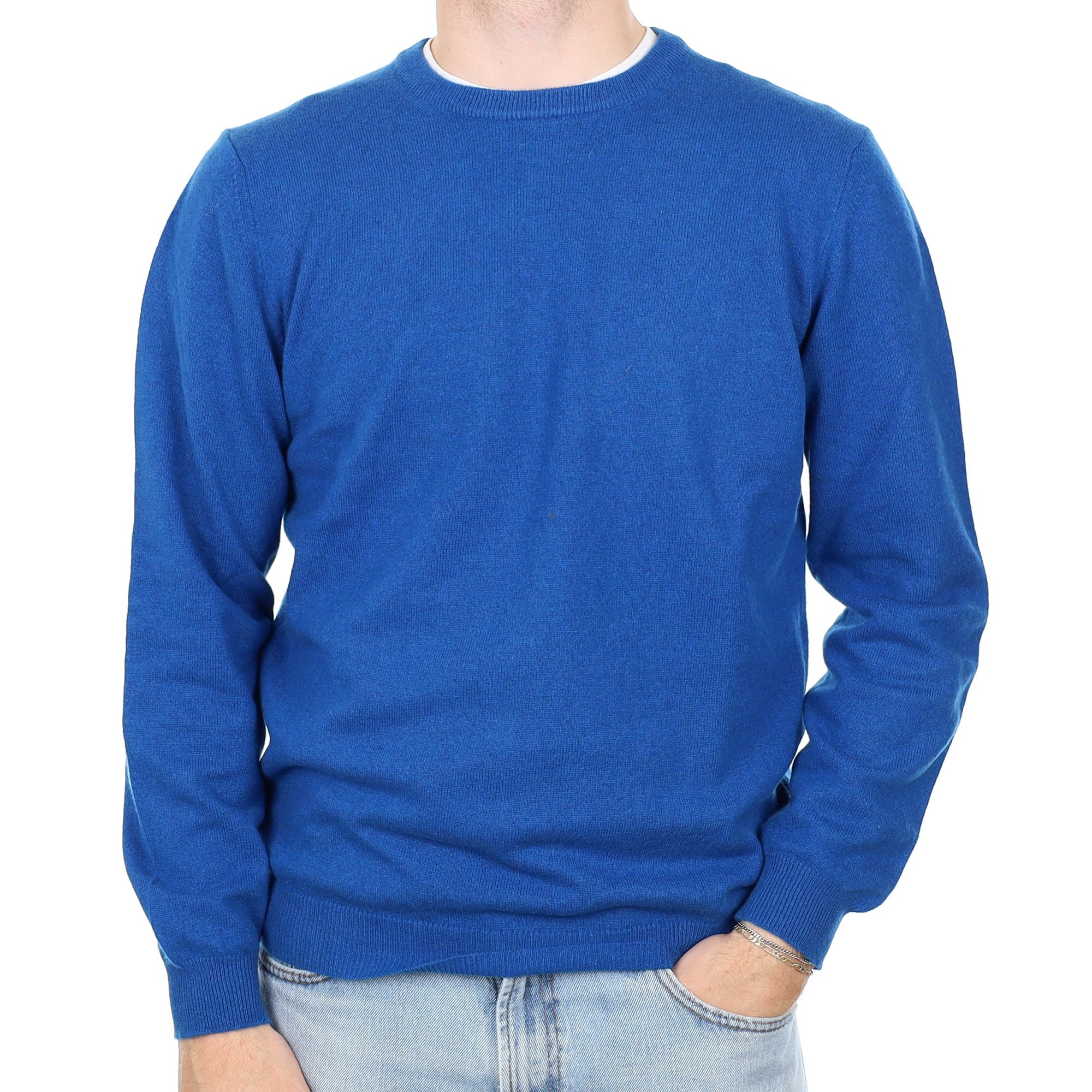 Men's Azure Blue Cashmere Crew Neck Jumper Large