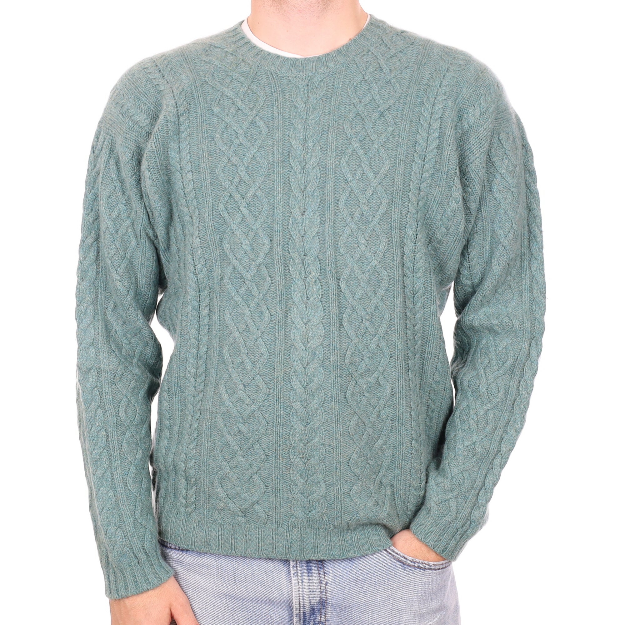 Men's Scottish Sea Foam Green Cable Cashmere Crew Neck Jumper Large