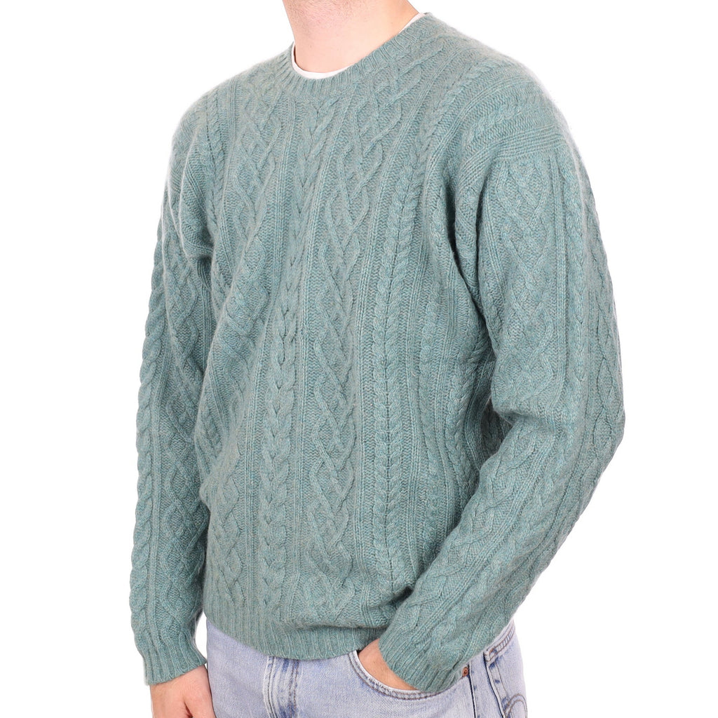 Men's Scottish Sea Foam Green Cable Cashmere Crew Neck Jumper Large