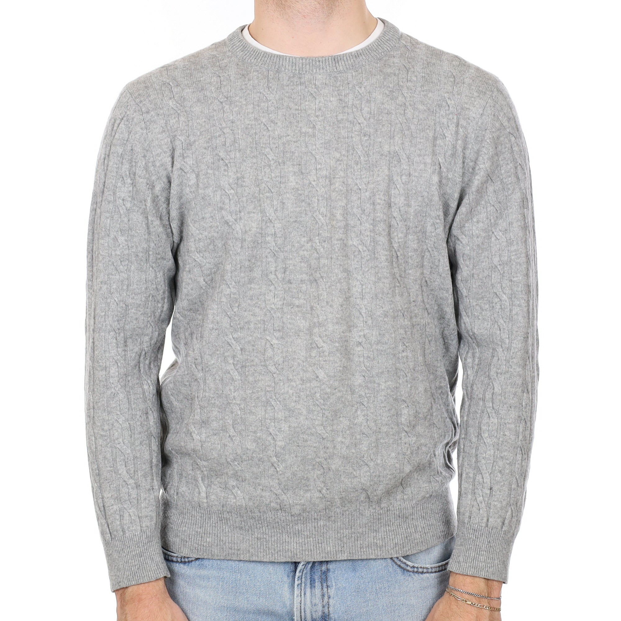Men's Smoke Grey Cable Cashmere Crew Neck Jumper Large