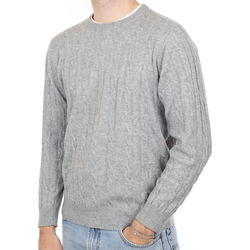 Men's Smoke Grey Cable Cashmere Crew Neck Jumper Large