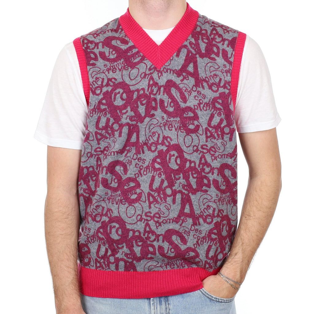 Men's Pink and Grey Graffiti Cashmere V Neck Tank Top Large