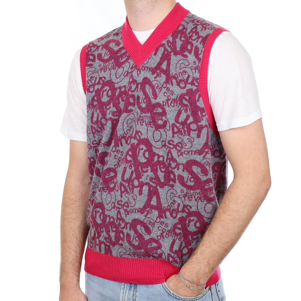 Men's Pink and Grey Graffiti Cashmere V Neck Tank Top Large