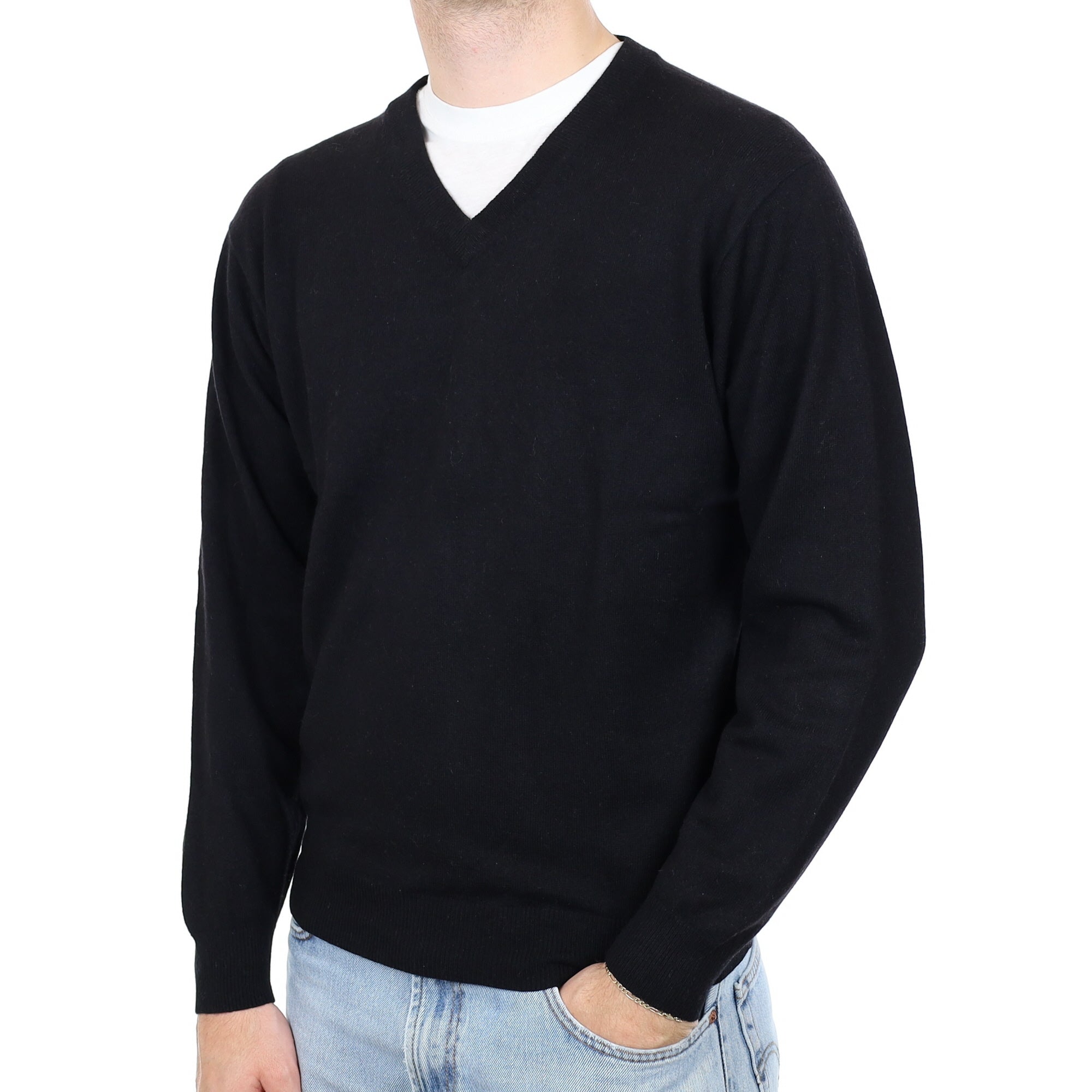 Men's Black Cashmere V Neck Jumper Large