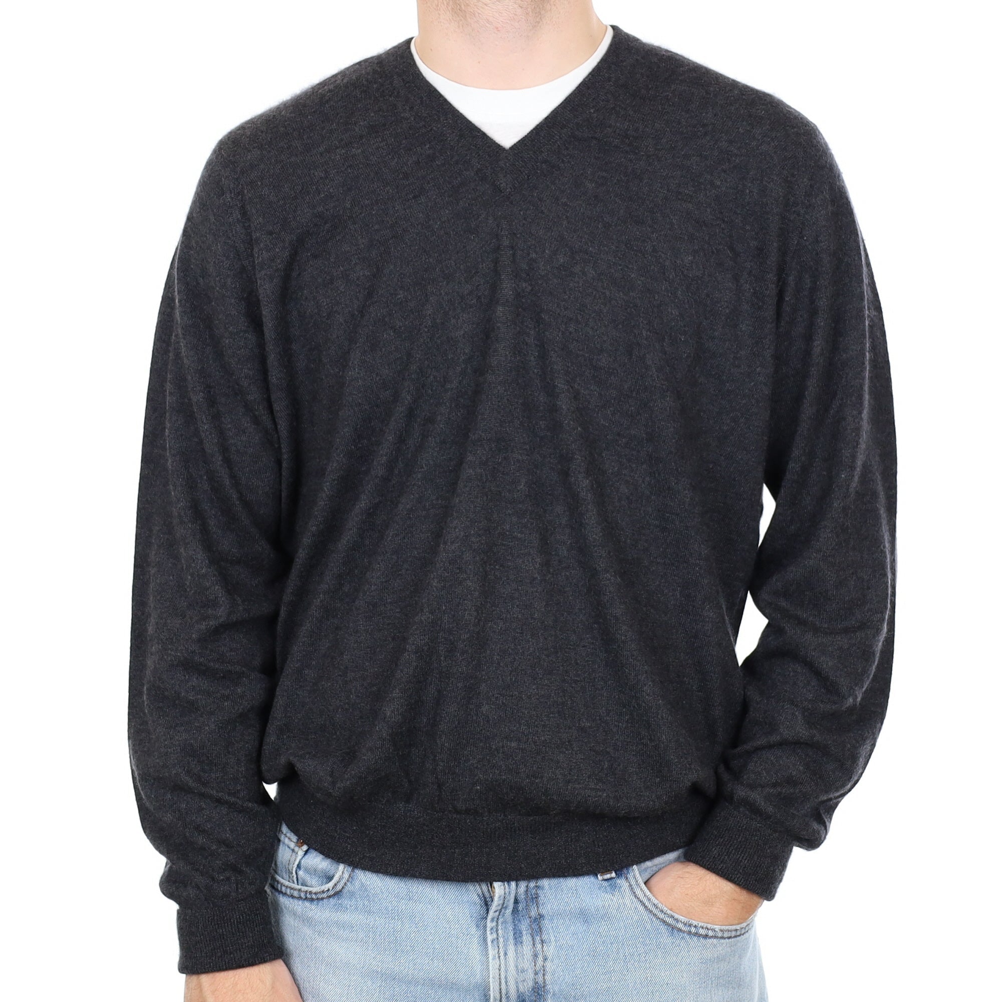 Men's Graphite Grey Fine knit Cashmere V Neck Jumper Large