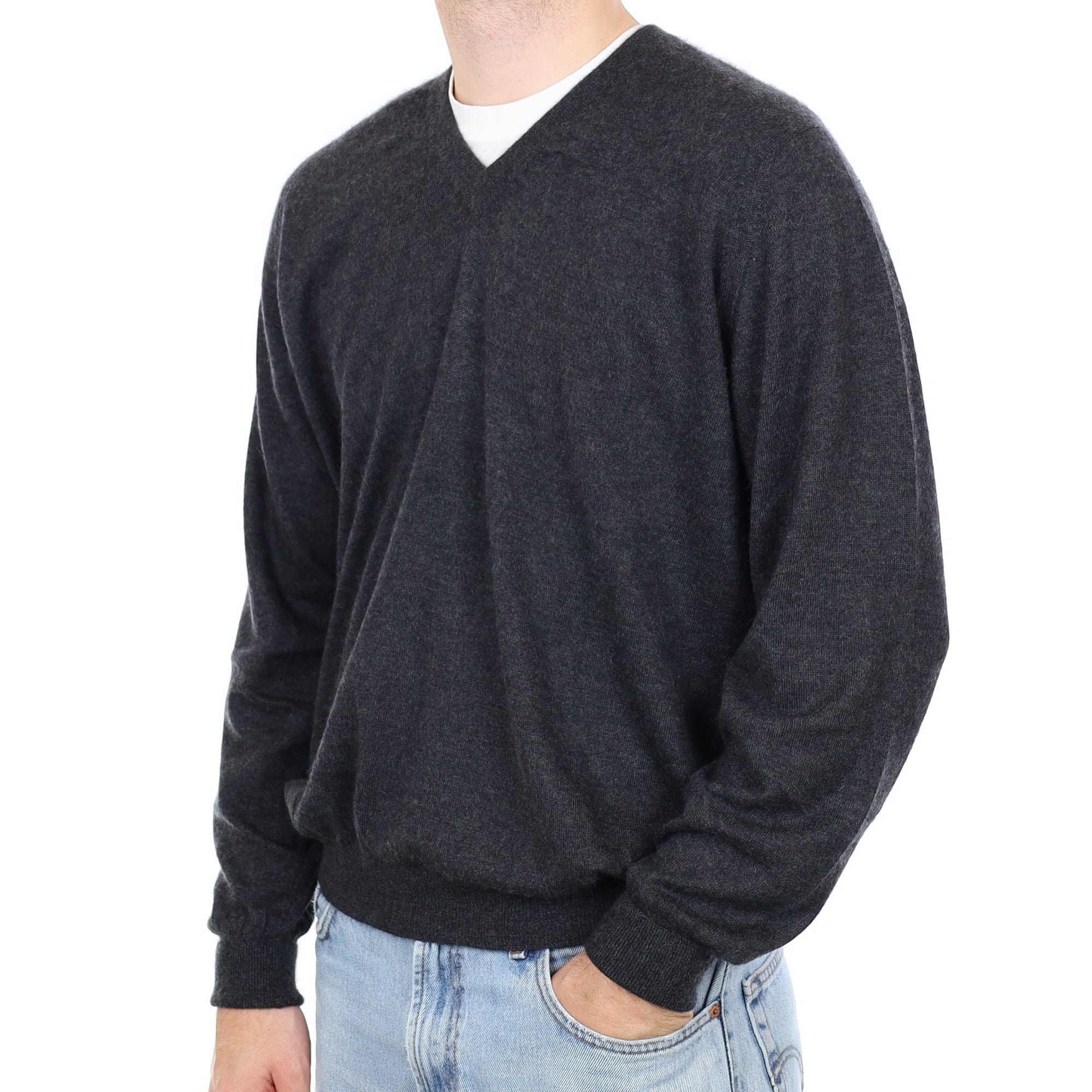 Men's Graphite Grey Fine knit Cashmere V Neck Jumper Large