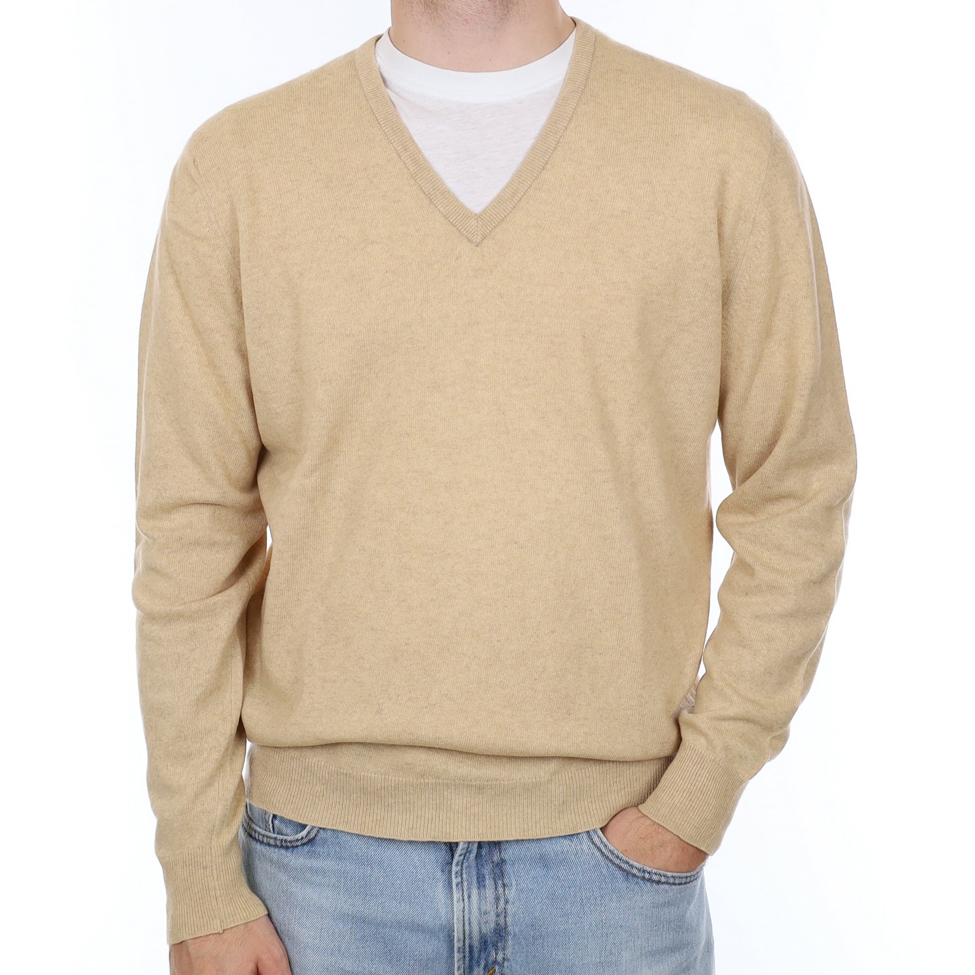 Men's Scottish Beige Cashmere V Neck Jumper Large