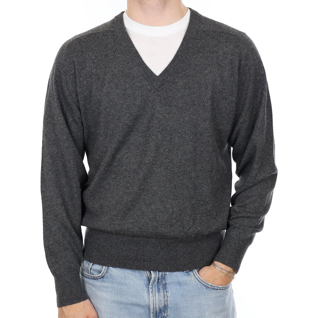 Men's Charcoal Grey Cashmere V Neck Jumper Large