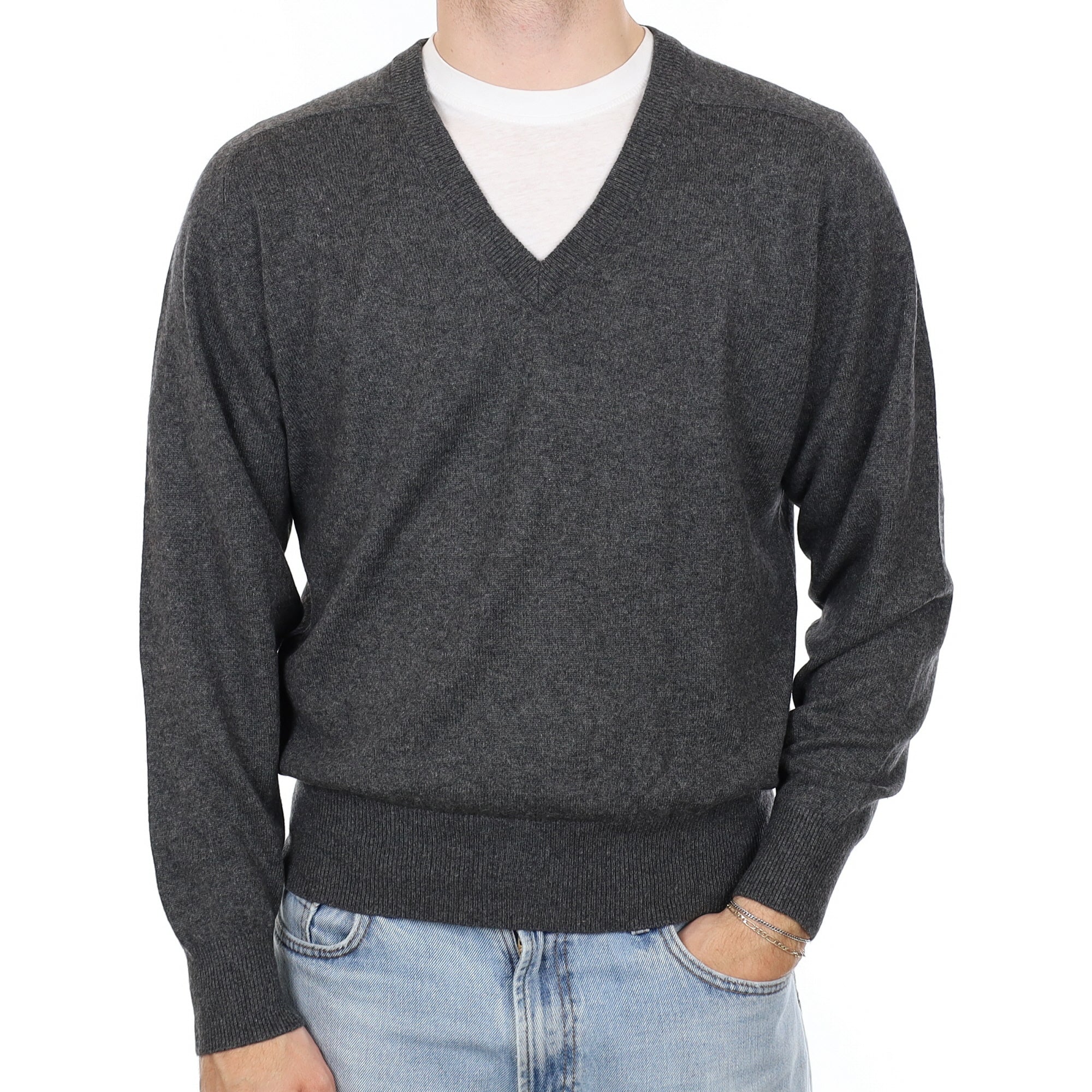 Men's Charcoal Grey Cashmere V Neck Jumper Large