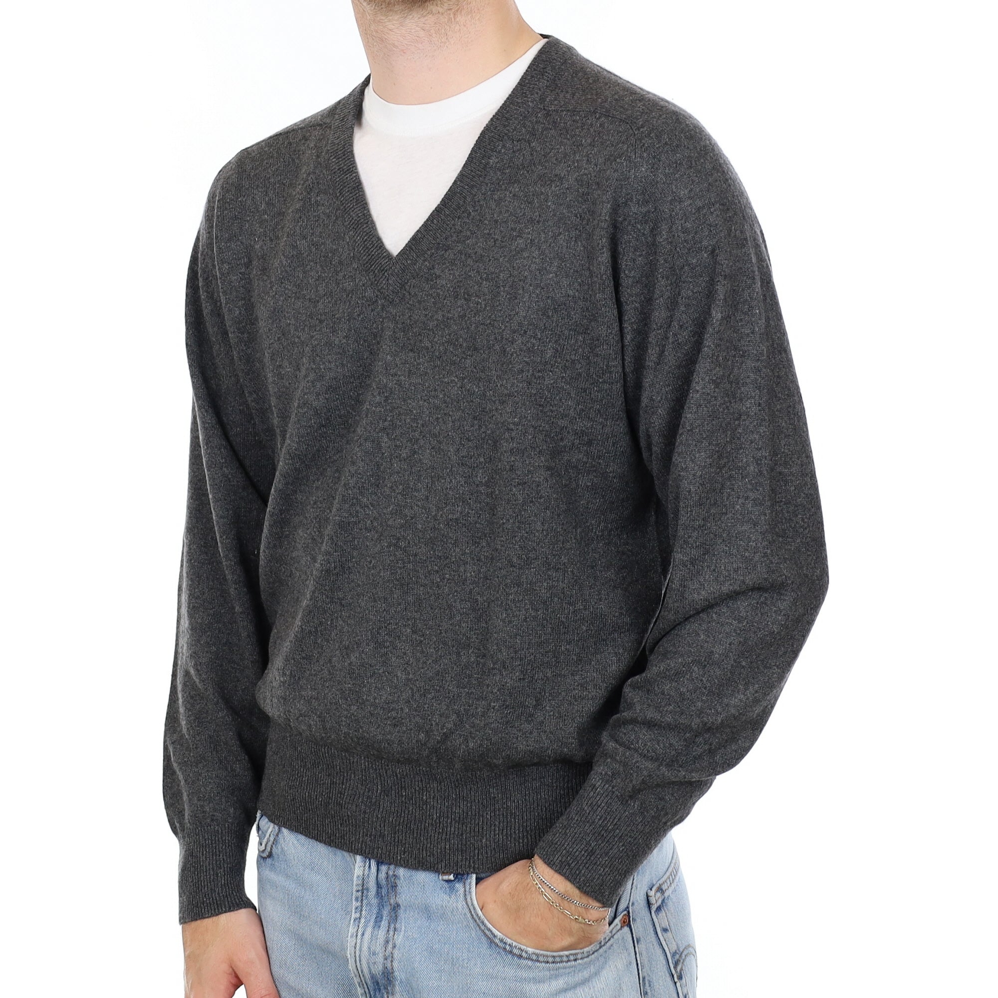 Men's Charcoal Grey Cashmere V Neck Jumper Large