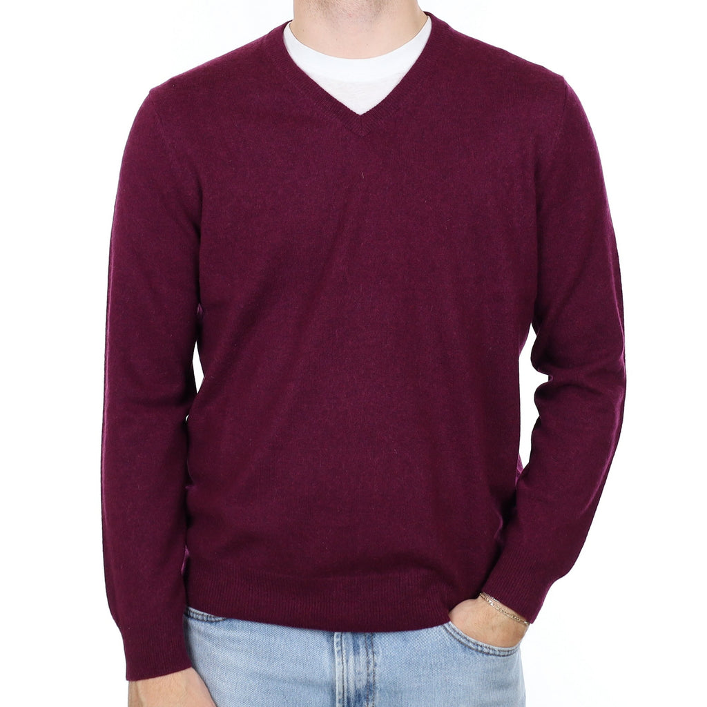 Men's Fig Purple Cashmere V Neck Jumper Large