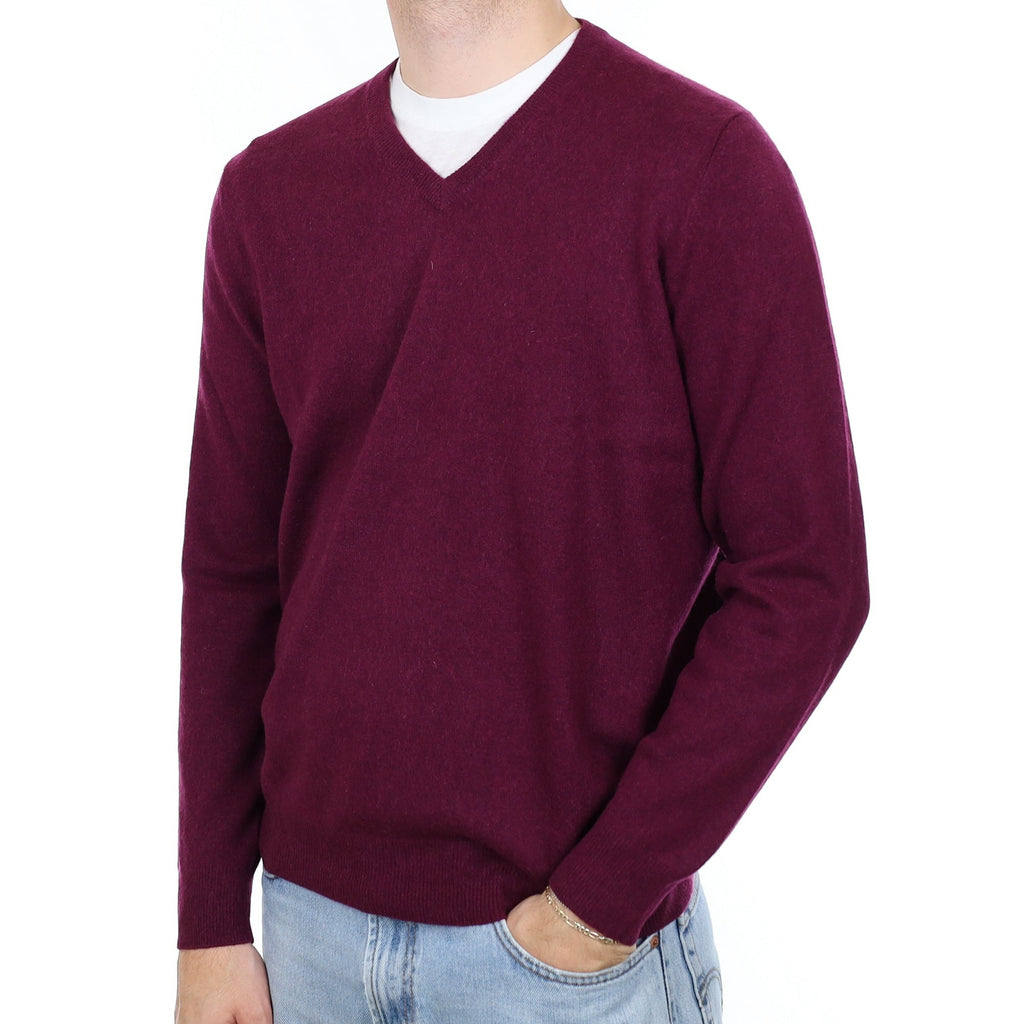 Men's Fig Purple Cashmere V Neck Jumper Large