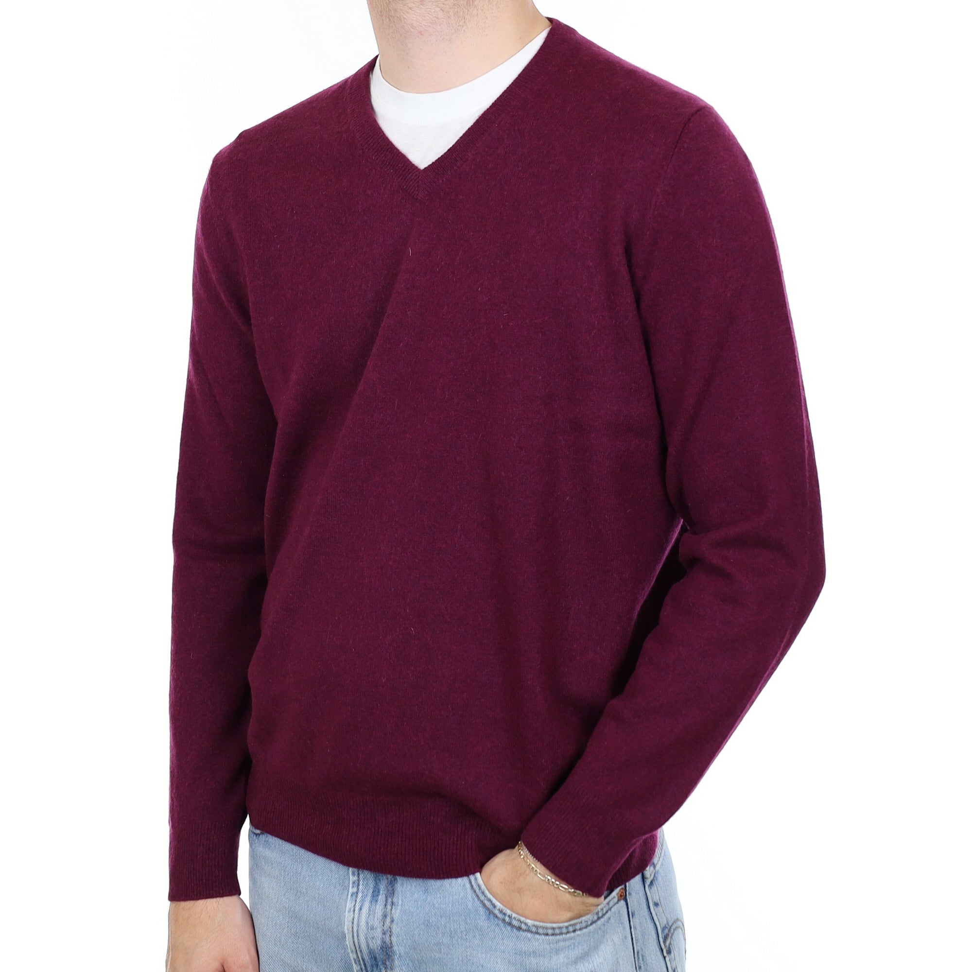 Men's Fig Purple Cashmere V Neck Jumper Large
