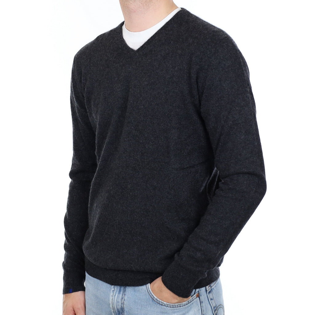 Men's Graphite Grey Button Cuff Cashmere V Neck Jumper Large