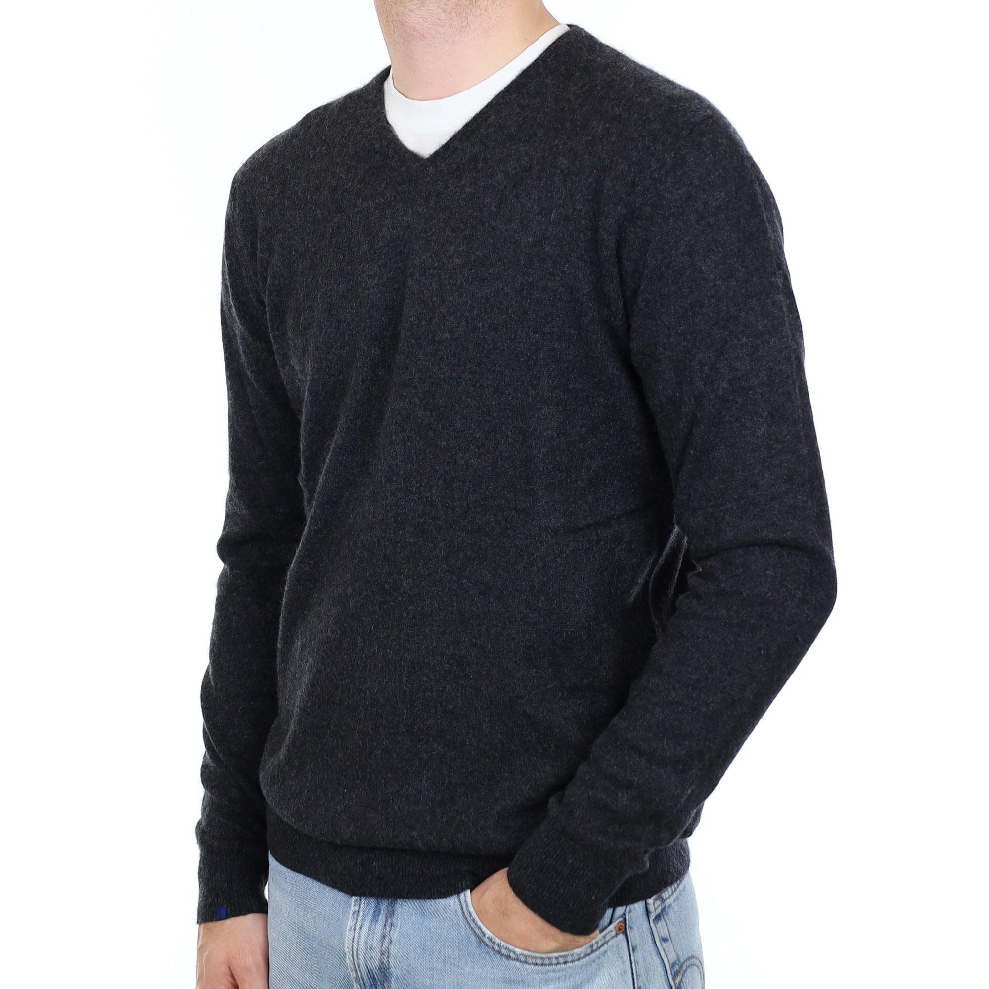 Men's Graphite Grey Button Cuff Cashmere V Neck Jumper Large