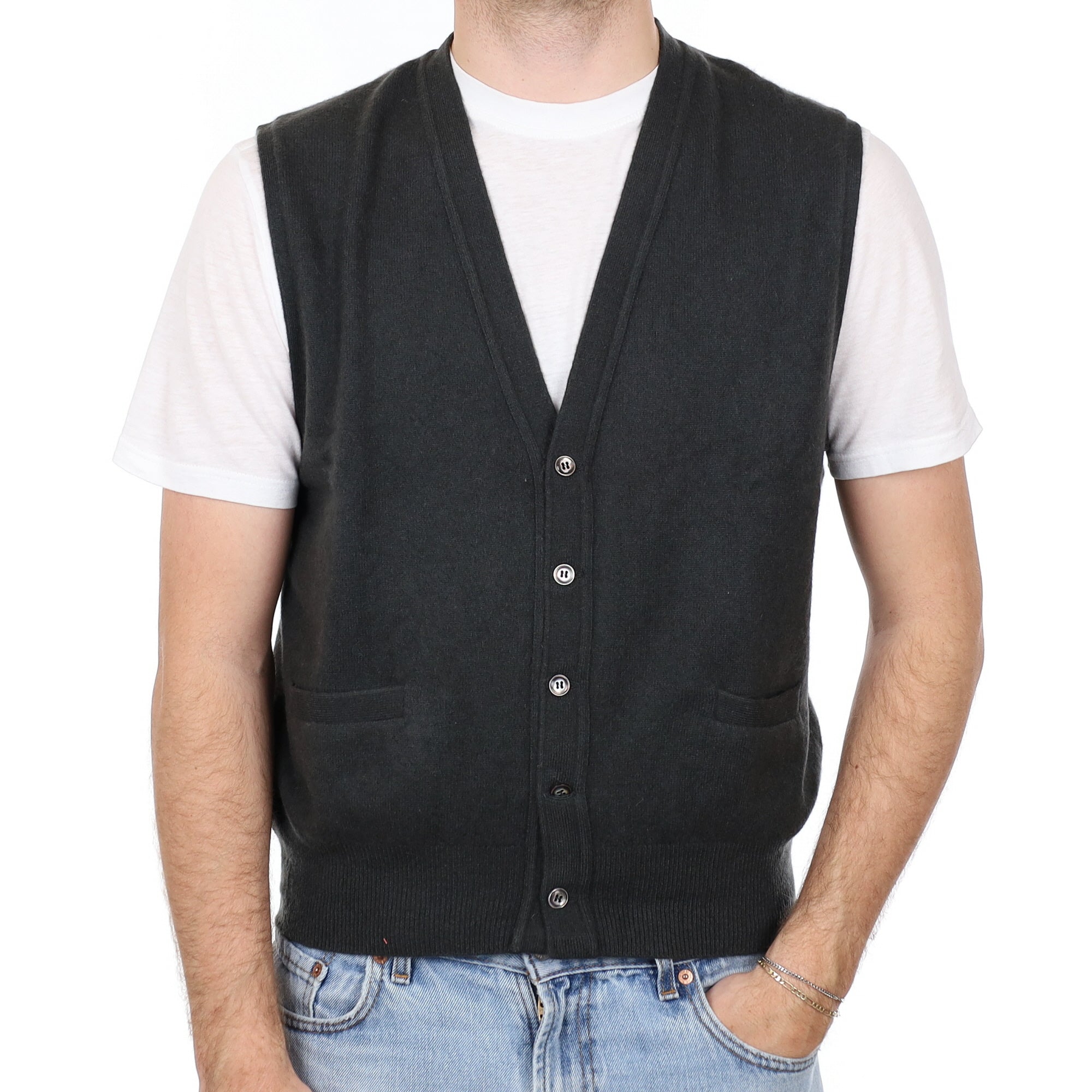 Men's Deep Khaki Cashmere V Neck Waistcoat with Pockets Large