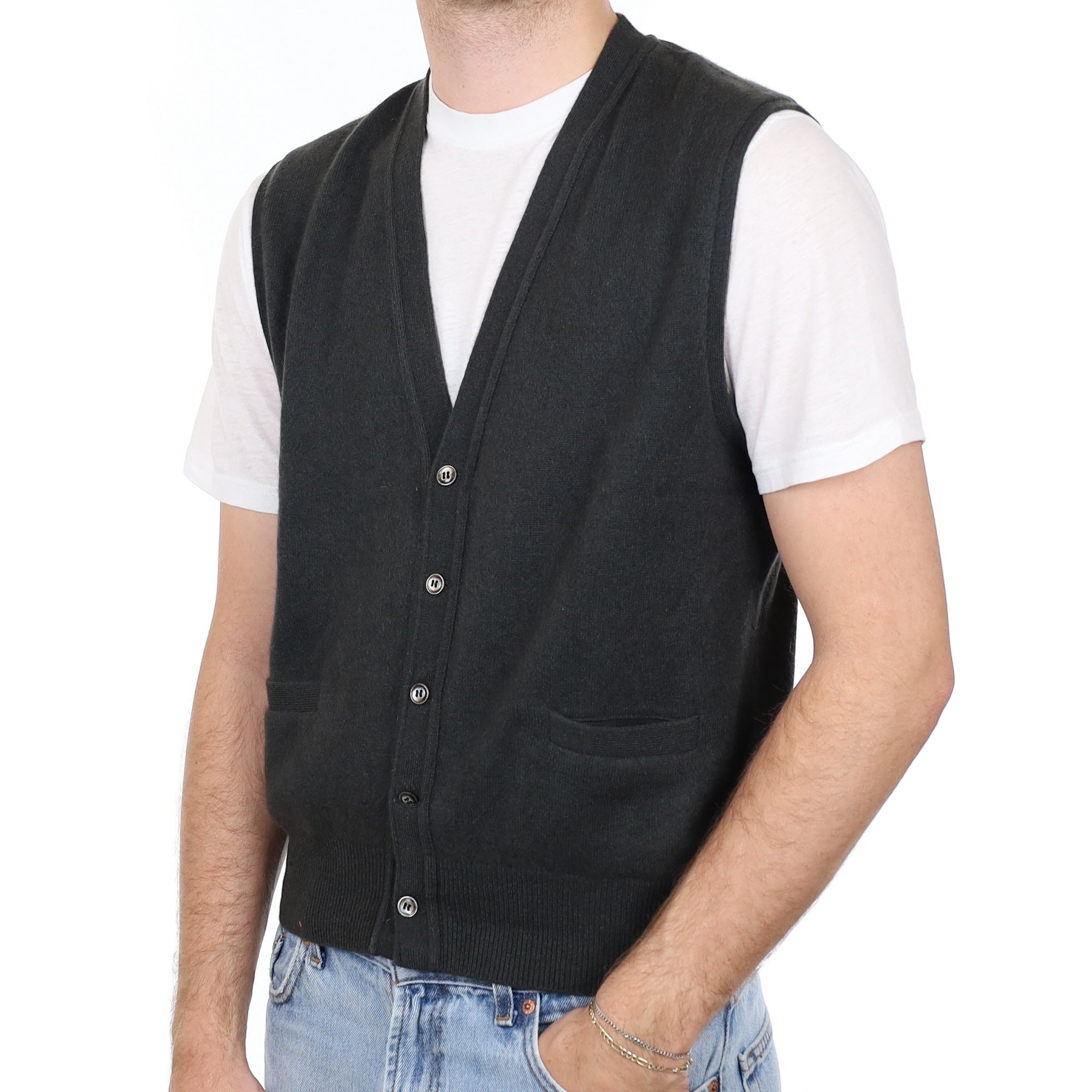 Men's Deep Khaki Cashmere V Neck Waistcoat with Pockets Large