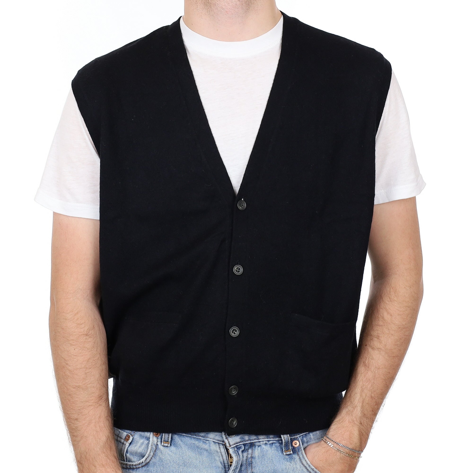 Men's Black Cashmere V Neck Waistcoat with Pockets Large