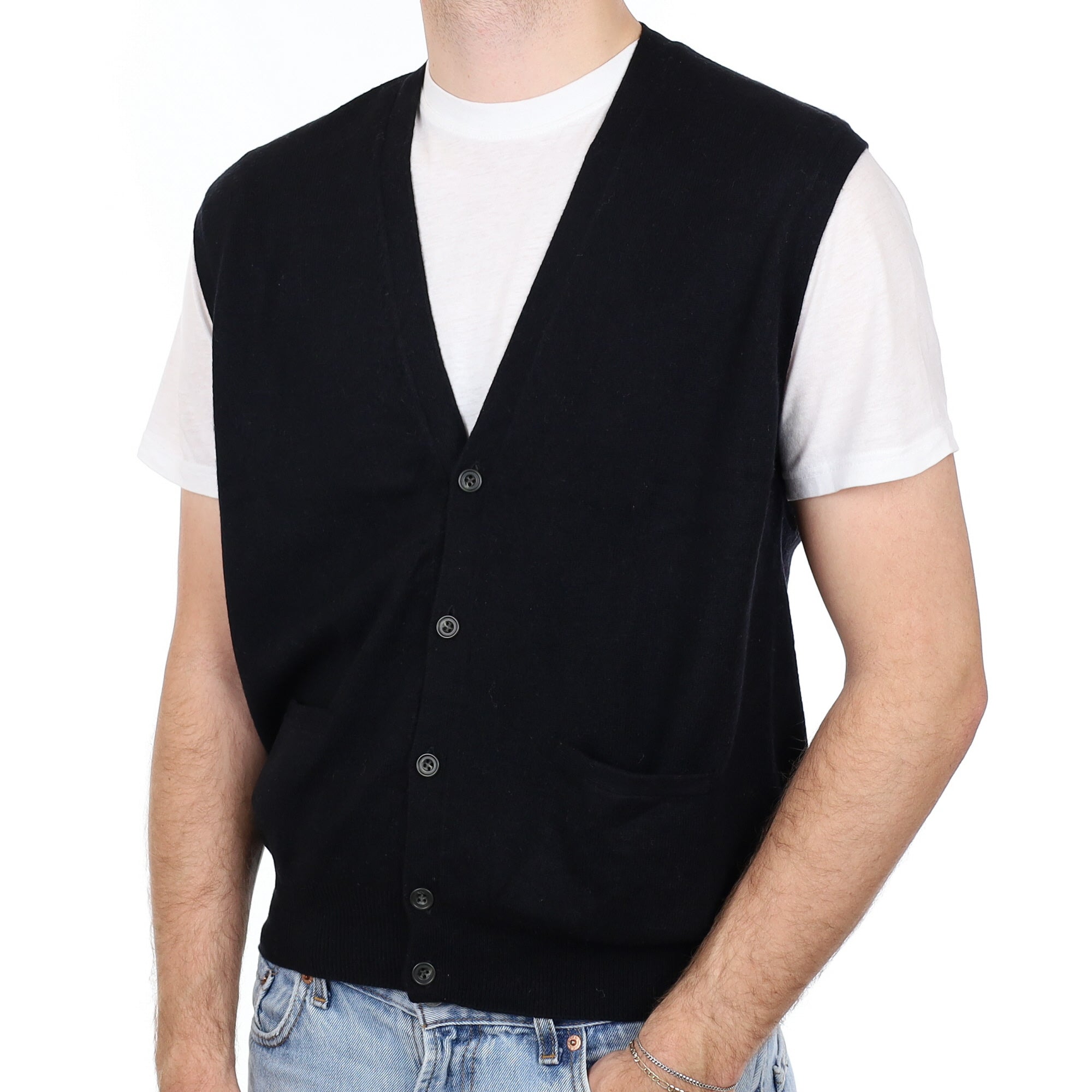 Men's Black Cashmere V Neck Waistcoat with Pockets Large