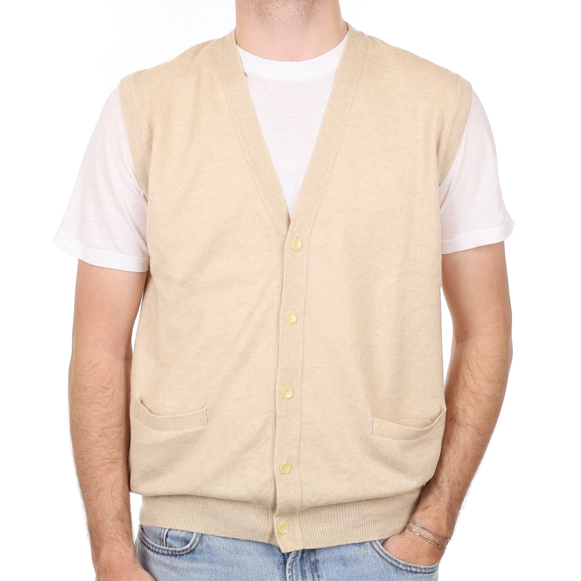 Men's Sand Cashmere V Neck Waistcoat with Pockets Large