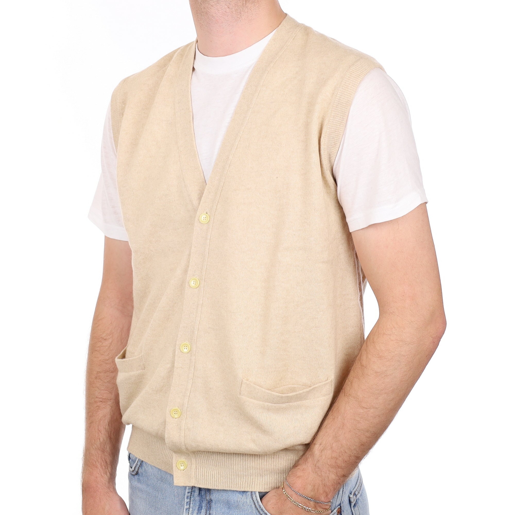 Men's Sand Cashmere V Neck Waistcoat with Pockets Large