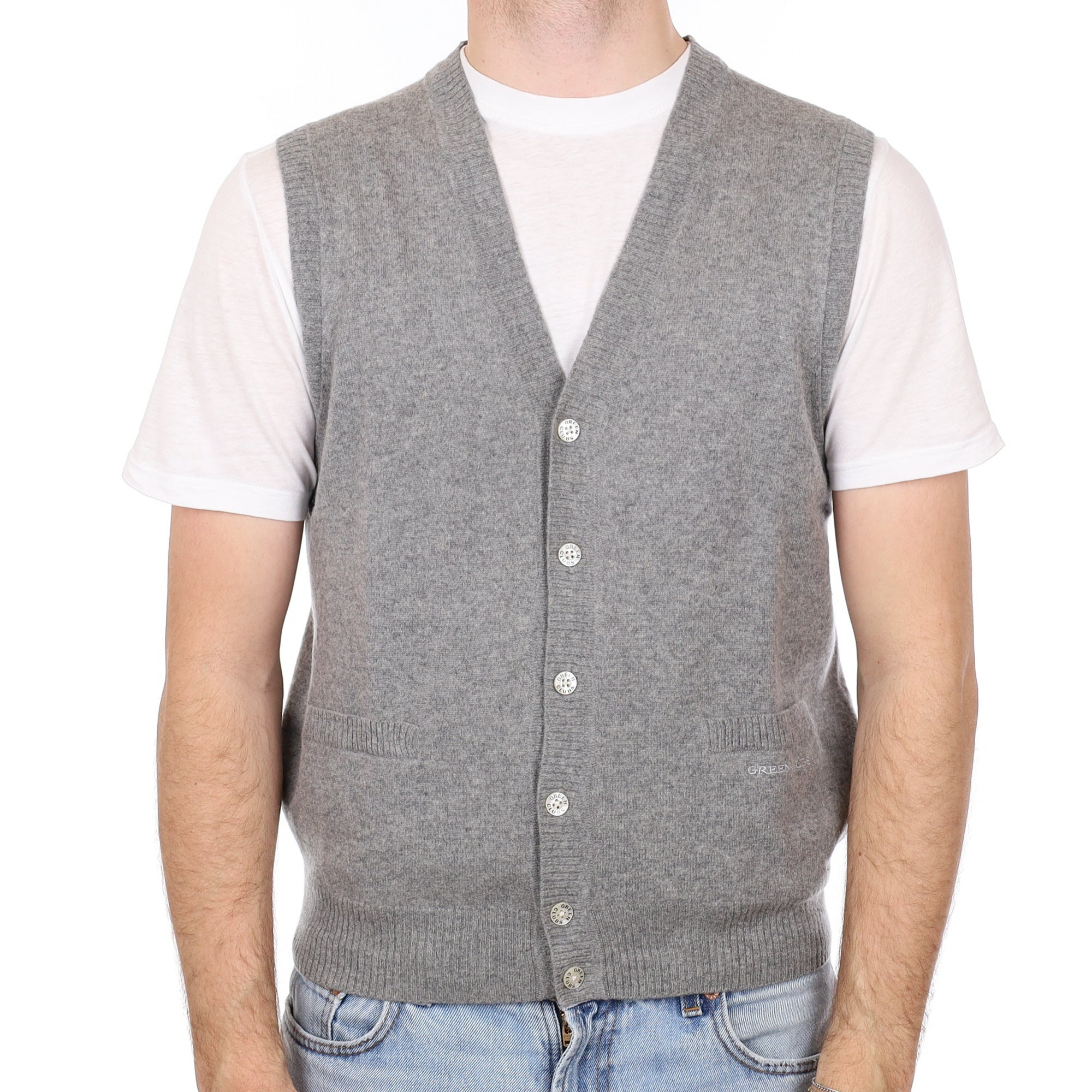 Men's Ash Grey Cashmere V Neck Waistcoat with Pockets Large