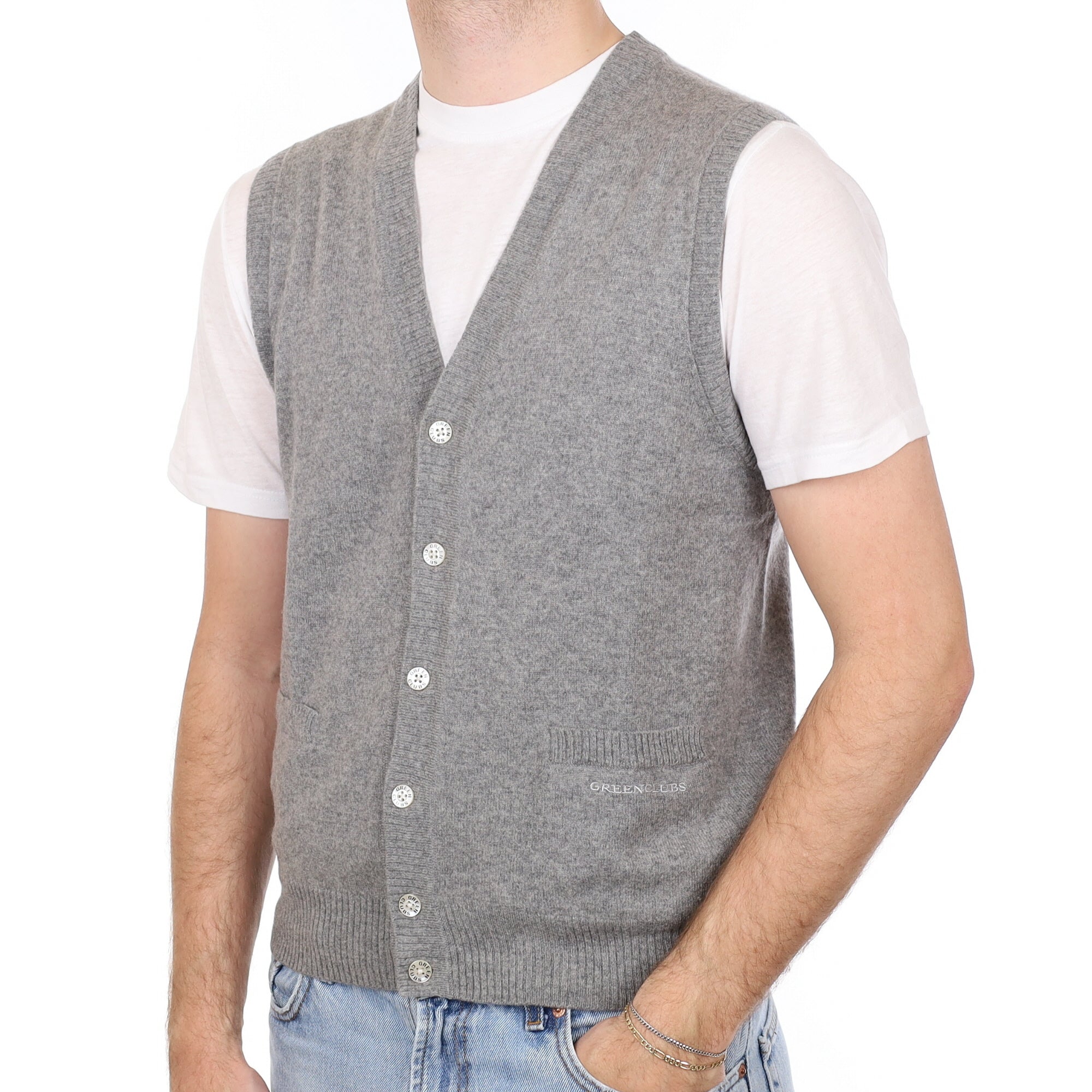 Men's Ash Grey Cashmere V Neck Waistcoat with Pockets Large