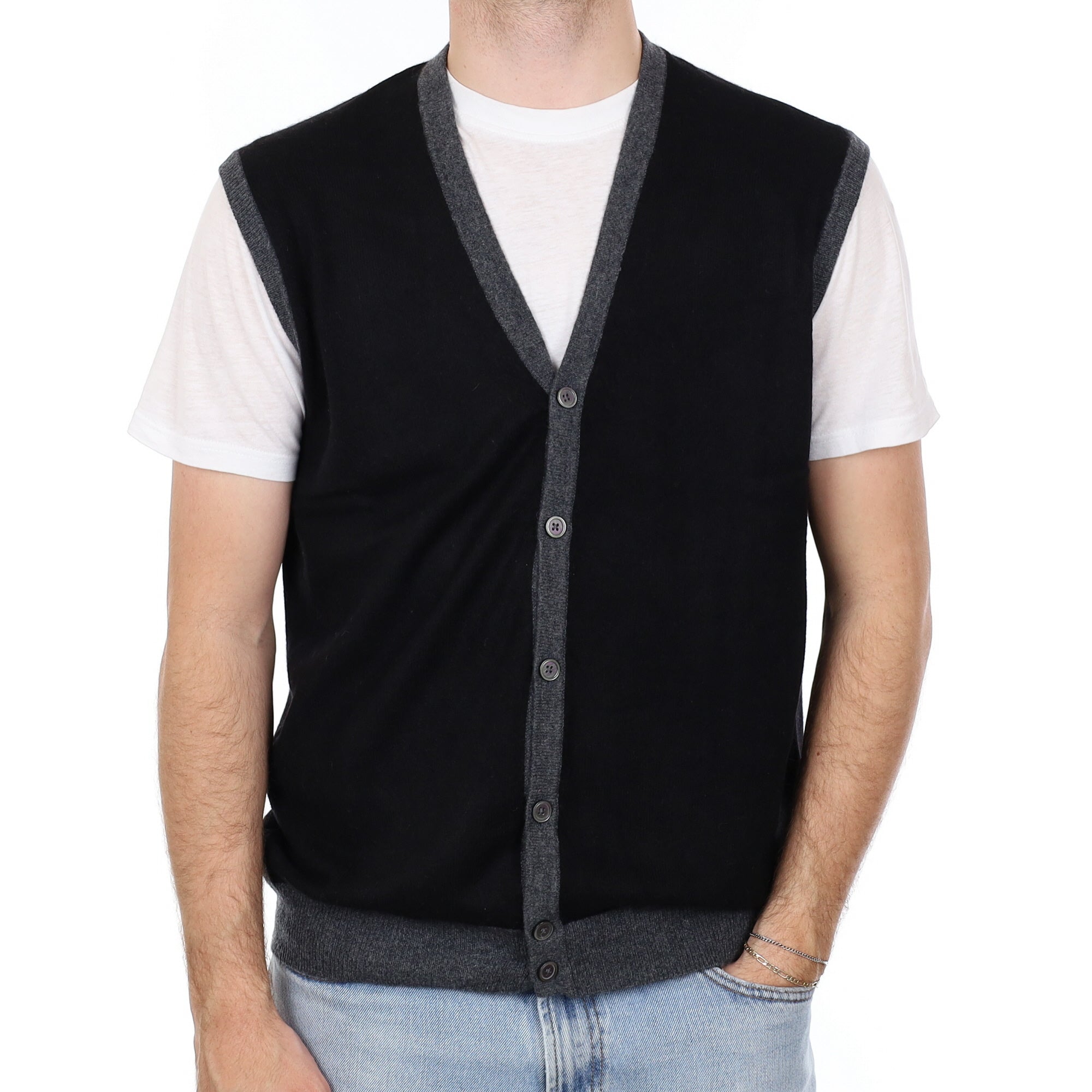 Men's Black and Grey Cashmere V Neck Waistcoat Large