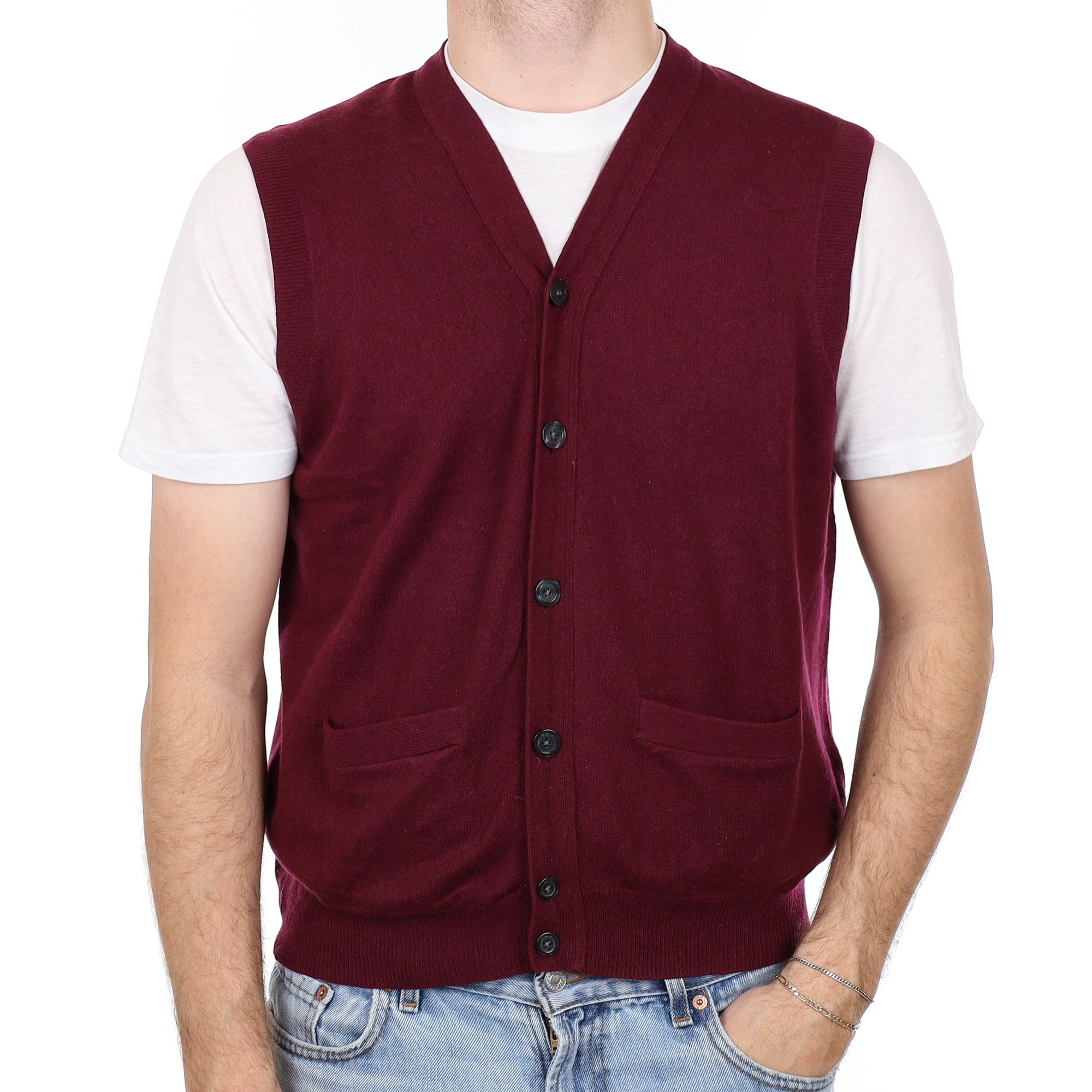 Men's Mulberry Purple Cashmere V Neck Waistcoat with Pockets Large