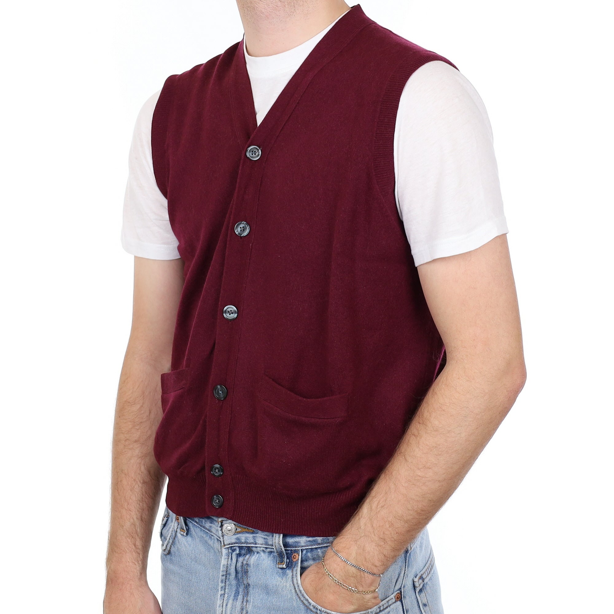 Men's Mulberry Purple Cashmere V Neck Waistcoat with Pockets Large