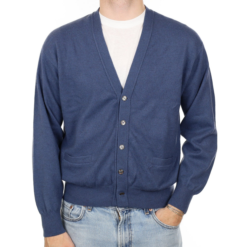 Men's Naval Blue Cashmere V Neck Cardigan with Pockets Large