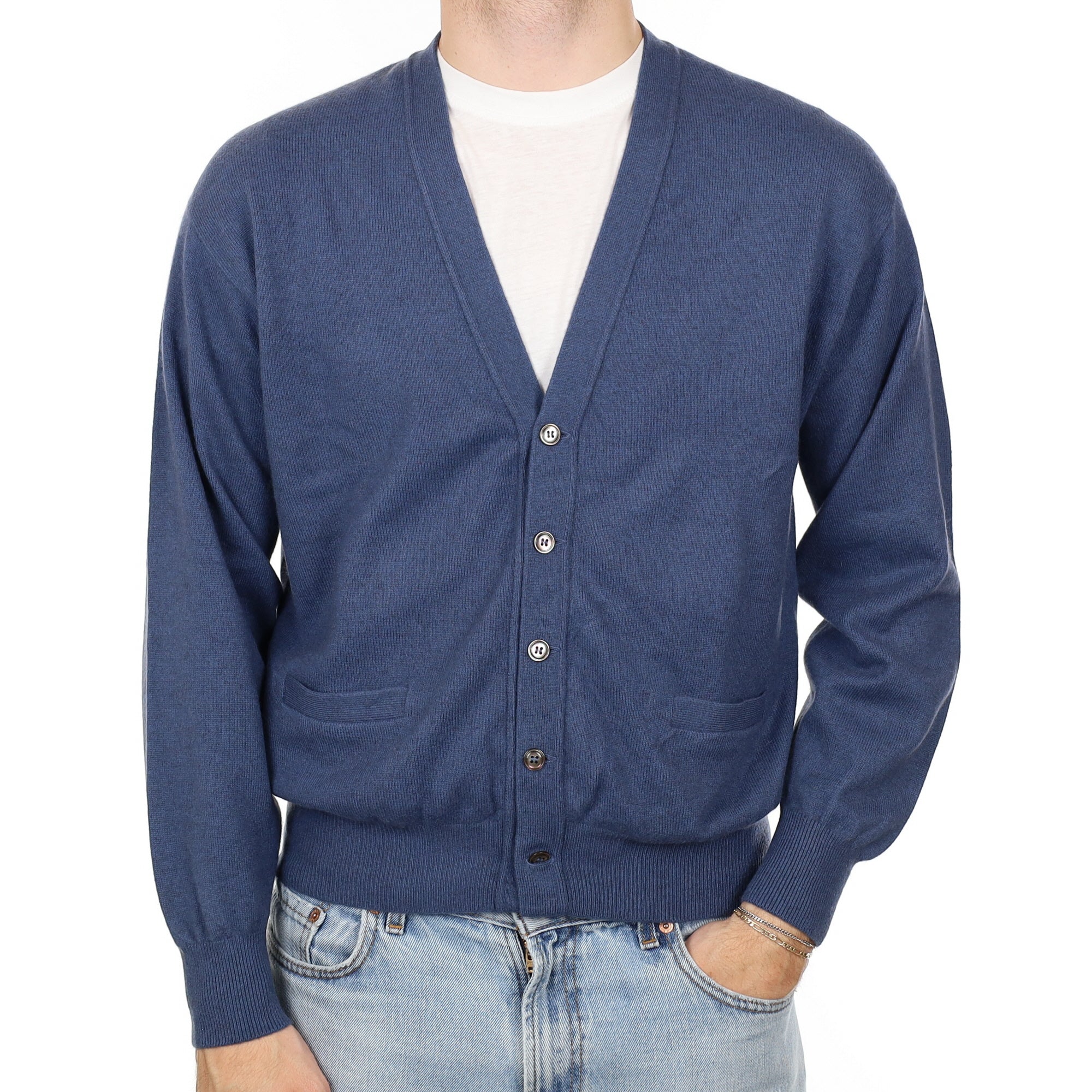 Men's Naval Blue Cashmere V Neck Cardigan with Pockets Large
