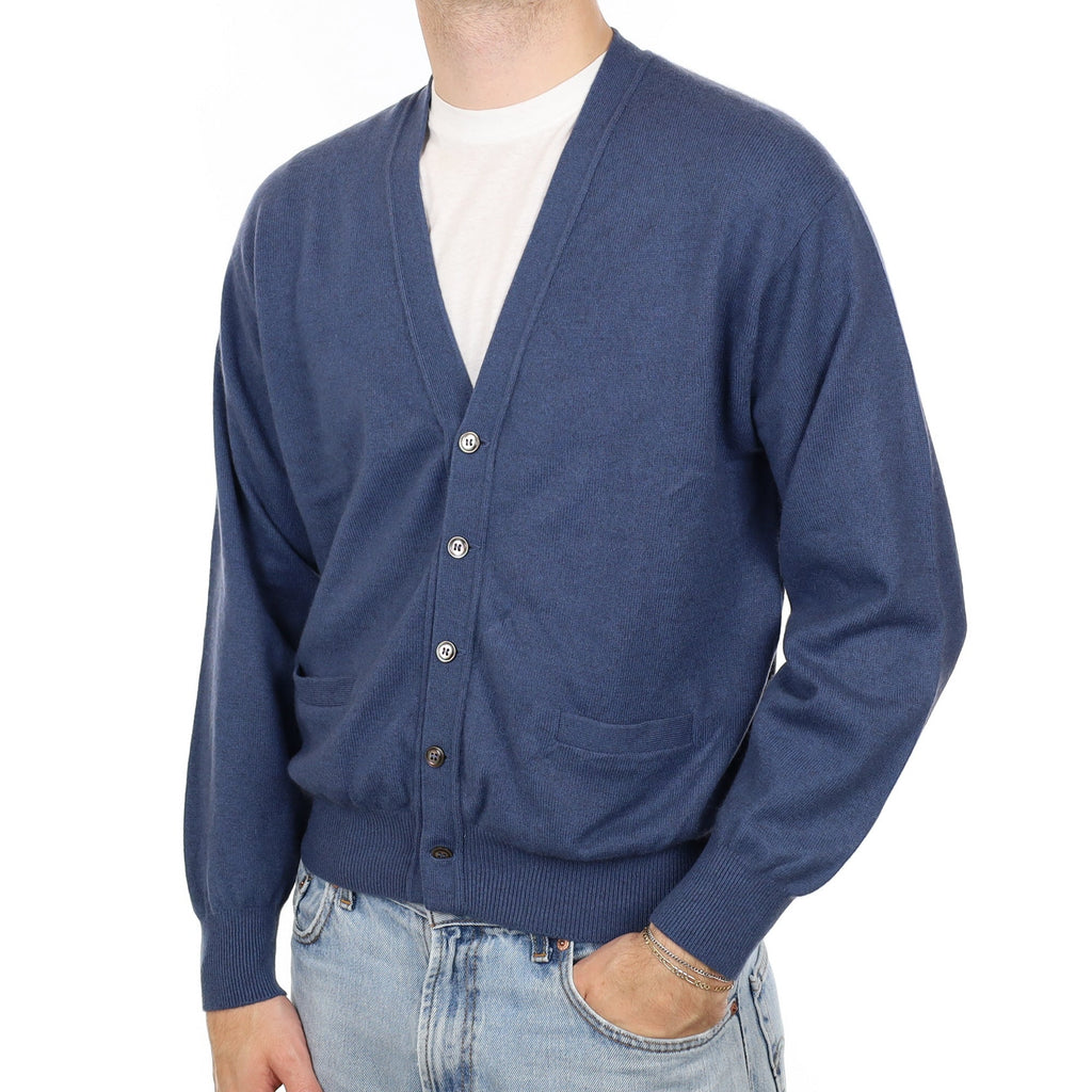 Men's Naval Blue Cashmere V Neck Cardigan with Pockets Large