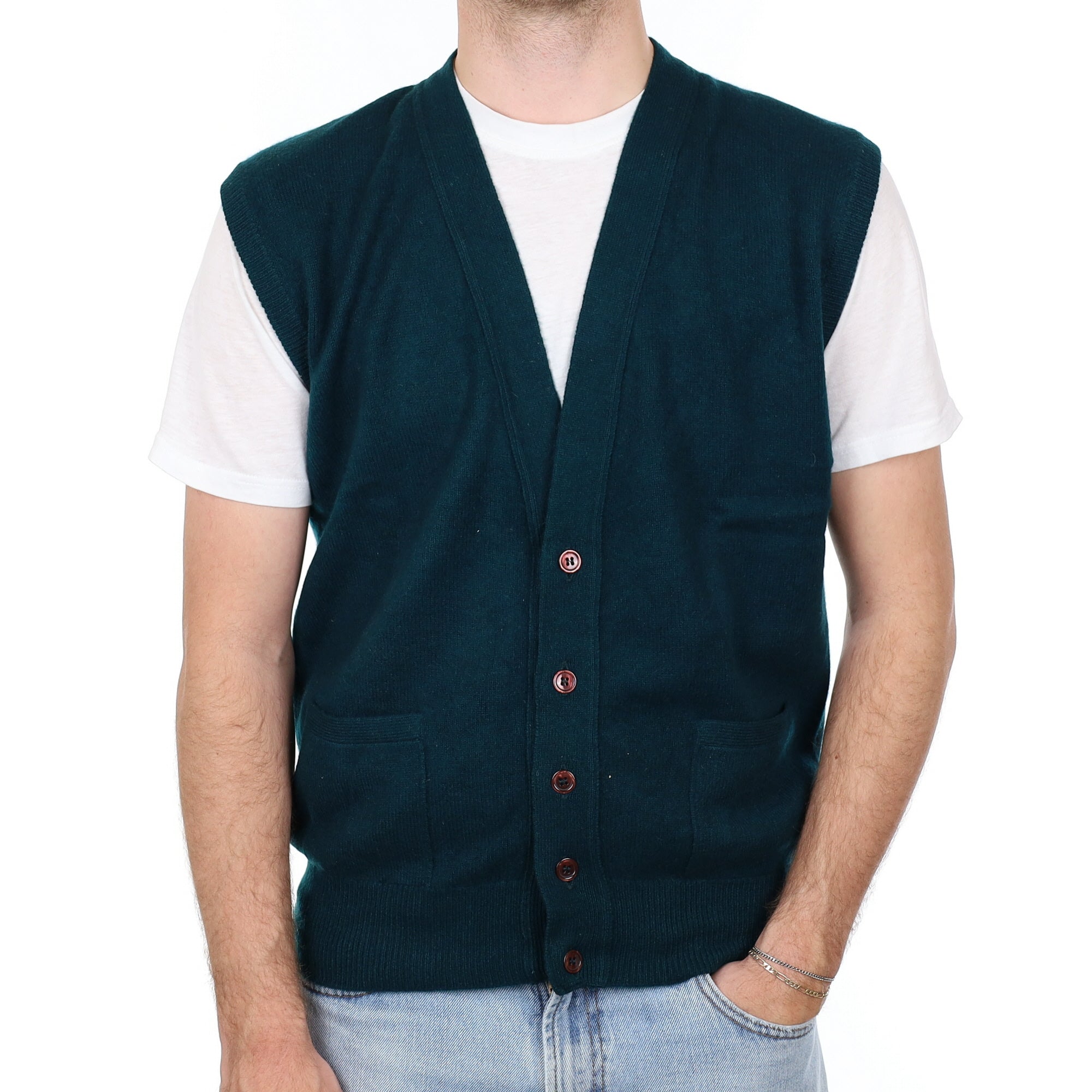 Men's Bottle Green Cashmere V Neck Waistcoat with Pockets Large