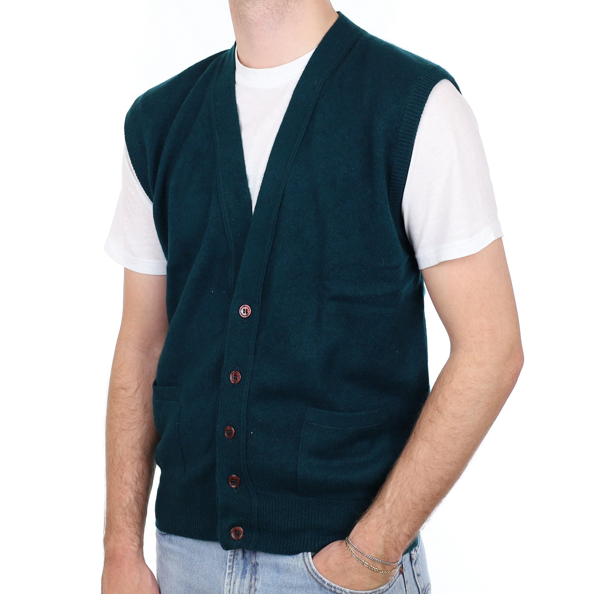 Men's Bottle Green Cashmere V Neck Waistcoat with Pockets Large