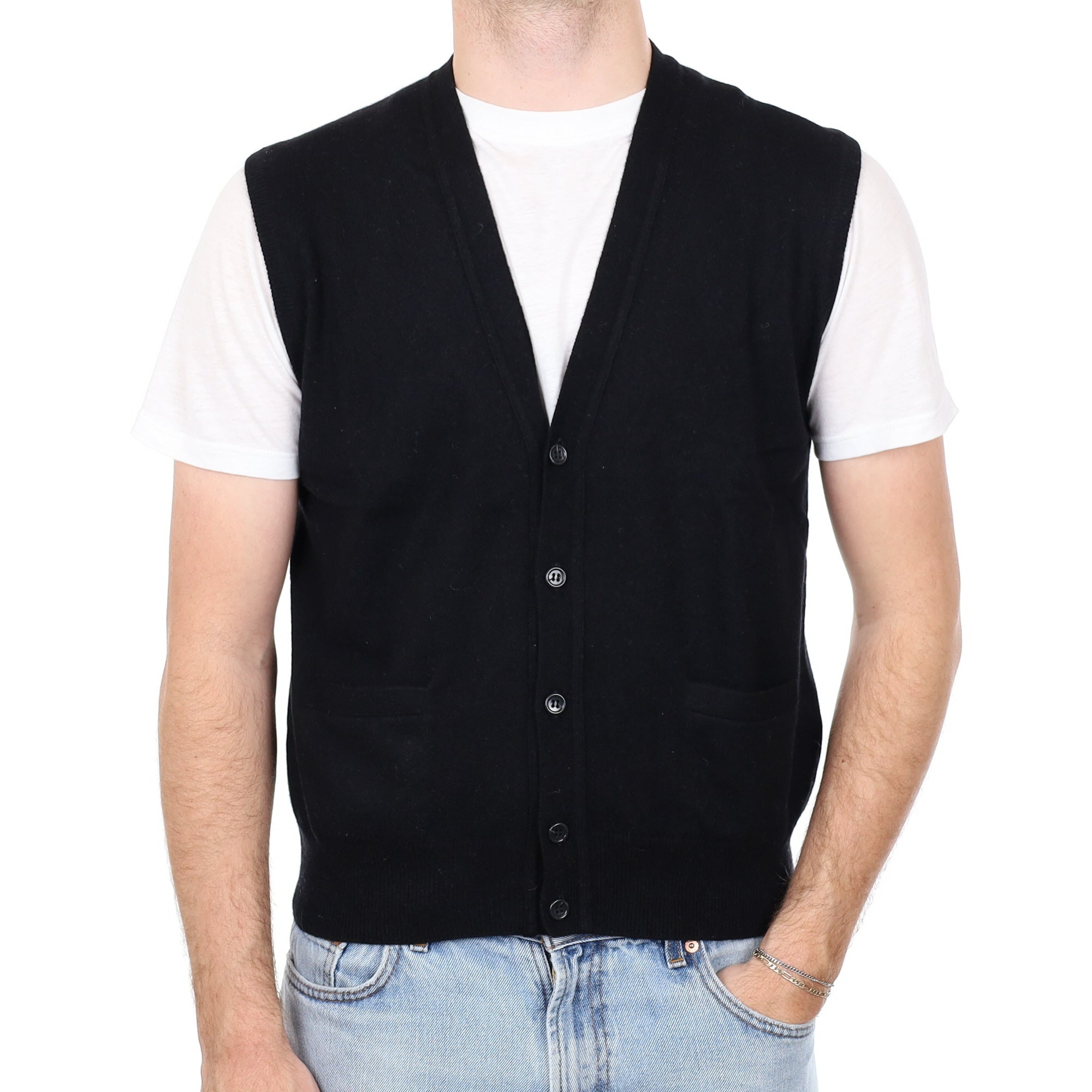 Men's Italian Black Cashmere V Neck Waistcoat With Pockets Medium