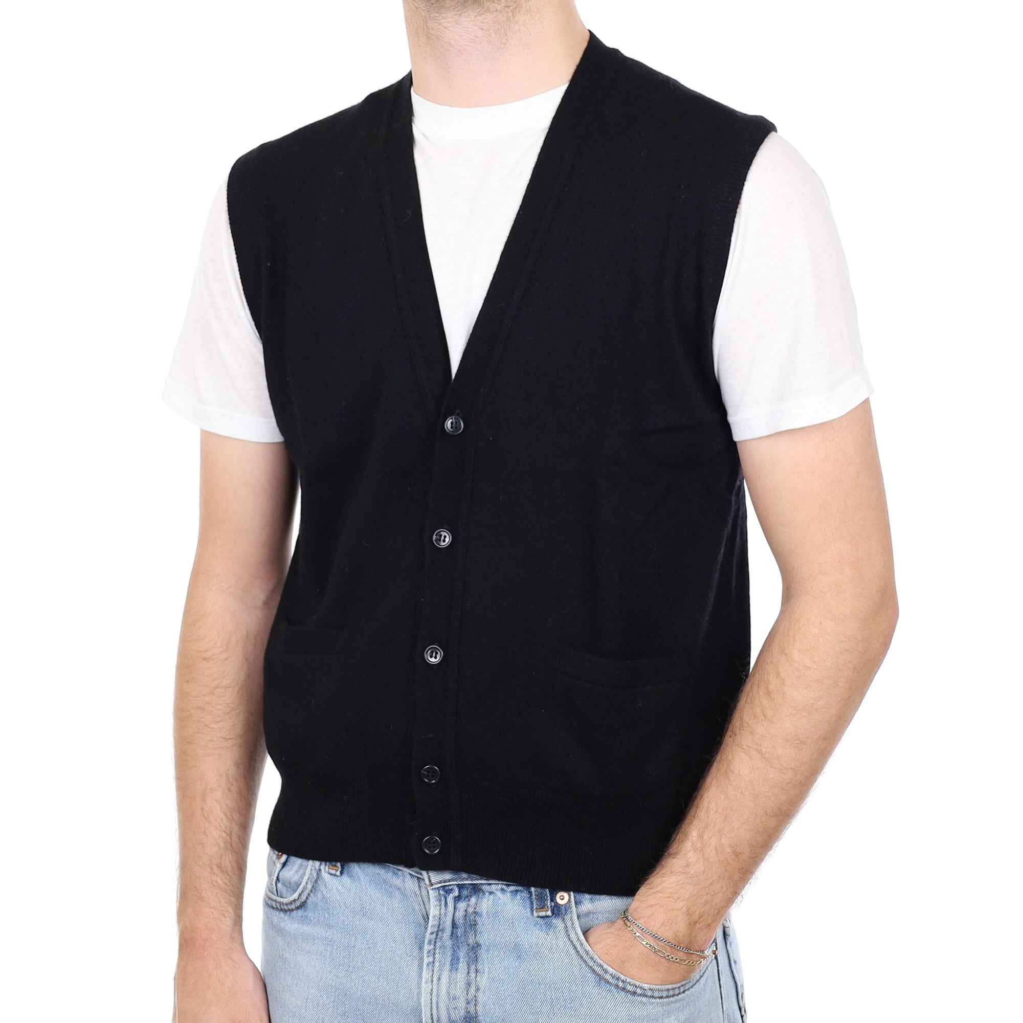 Men's Italian Black Cashmere V Neck Waistcoat With Pockets Medium