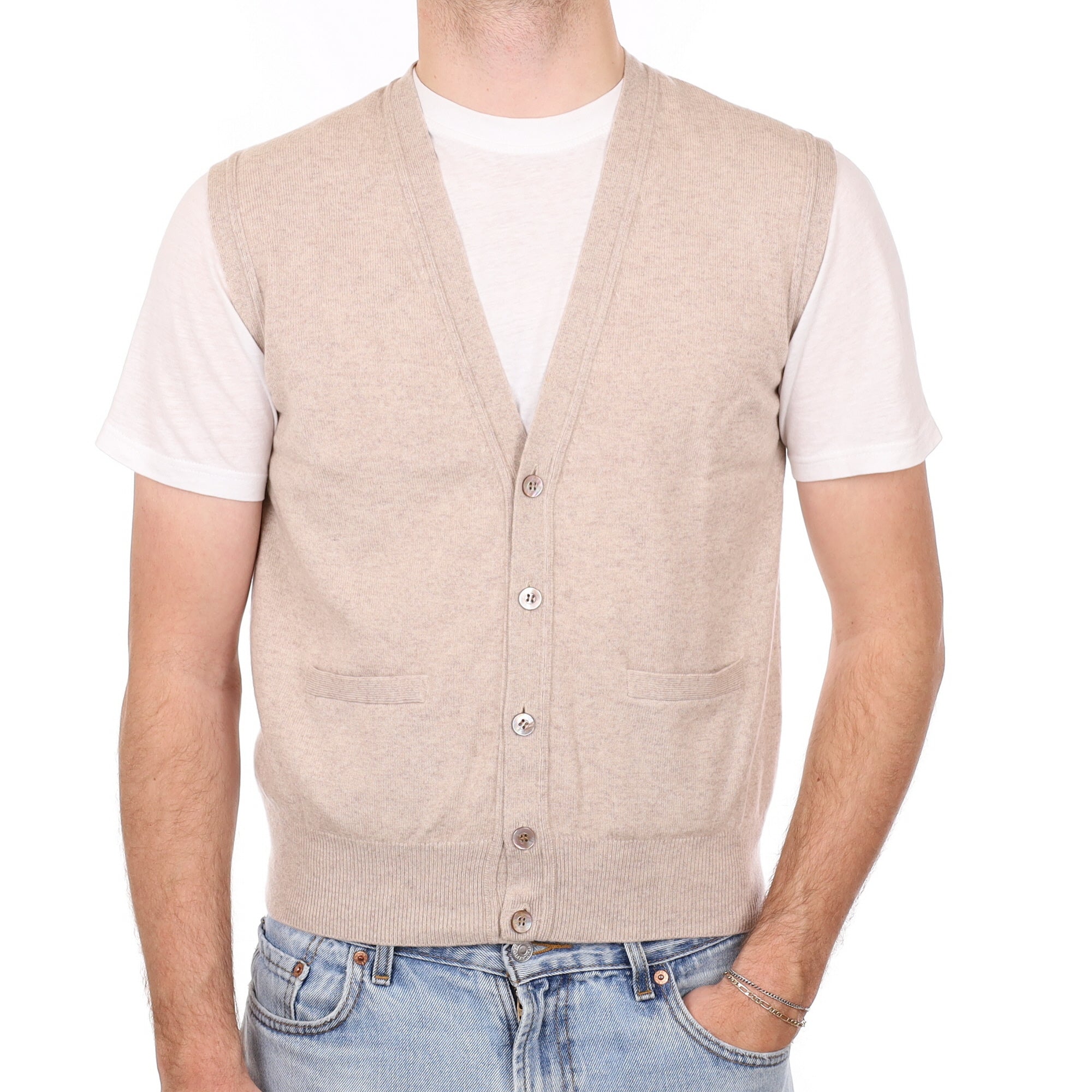 Men's Oatmeal Cashmere V Neck Waistcoat with Pockets Medium