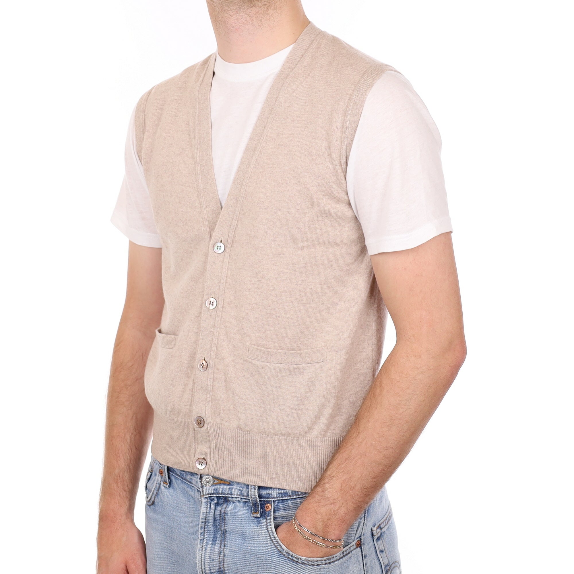 Men's Oatmeal Cashmere V Neck Waistcoat with Pockets Medium