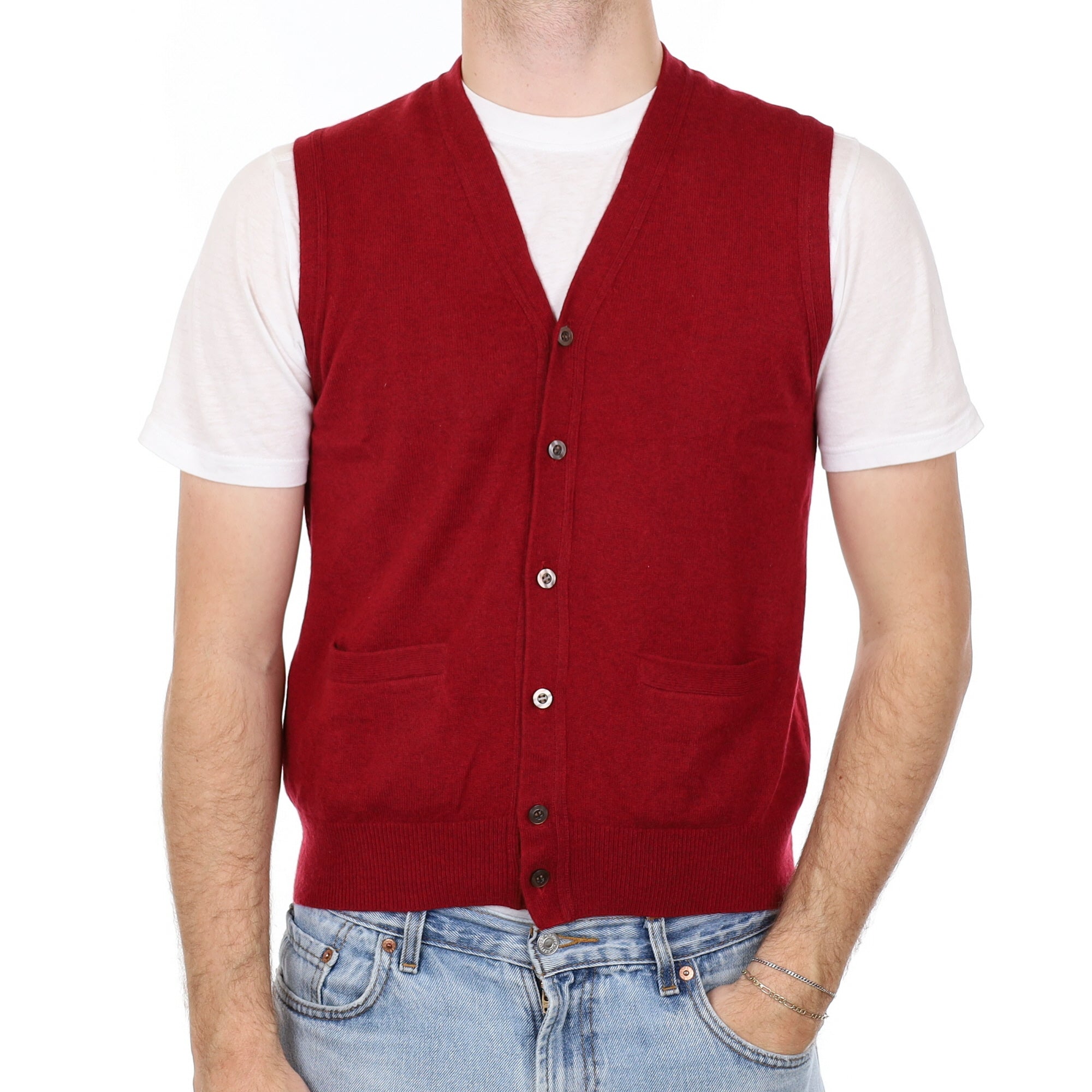 Men's Burgundy Red Cashmere V Neck Waistcoat with Pockets Medium