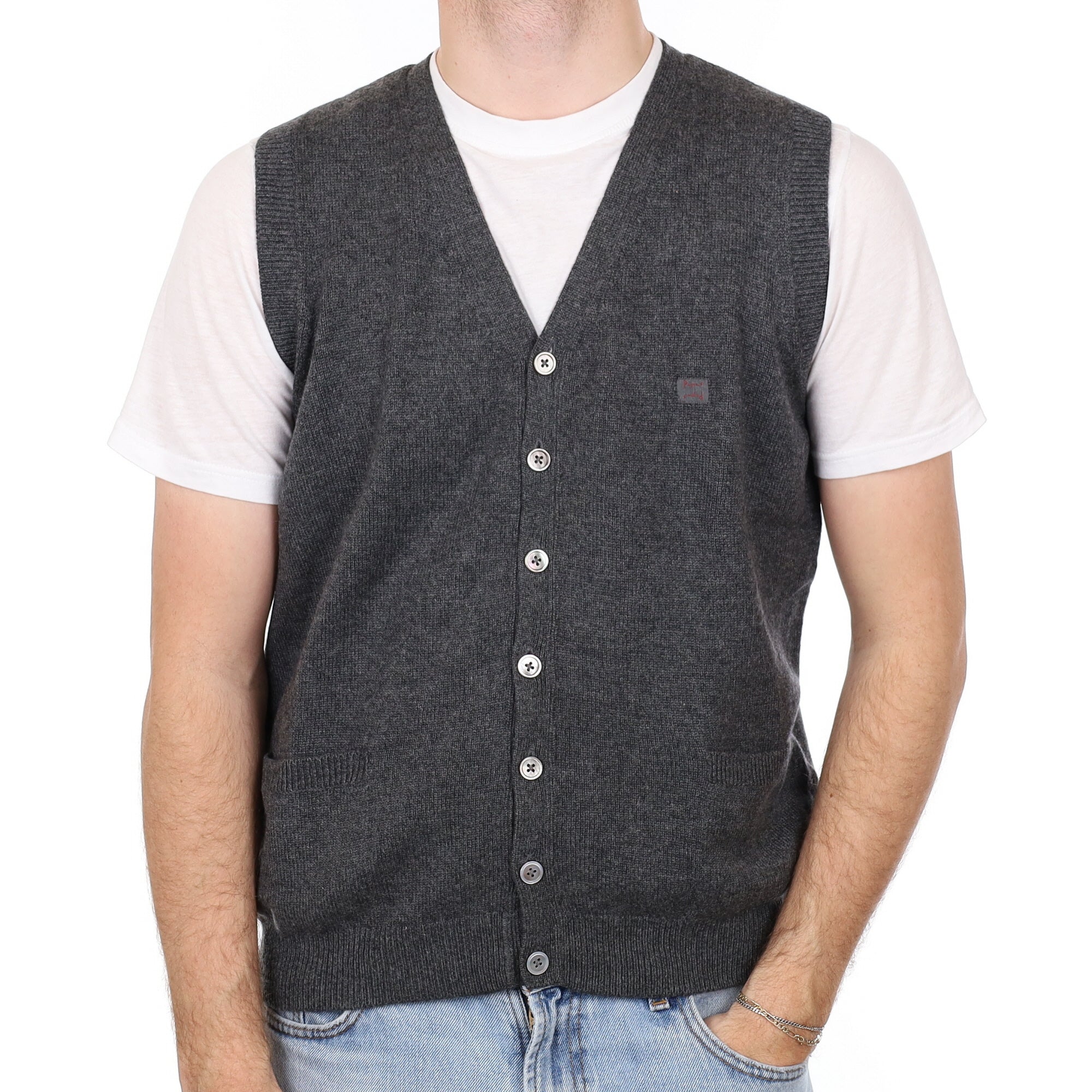 Men's Granite Grey Cashmere V Neck Waistcoat with Pockets  Medium