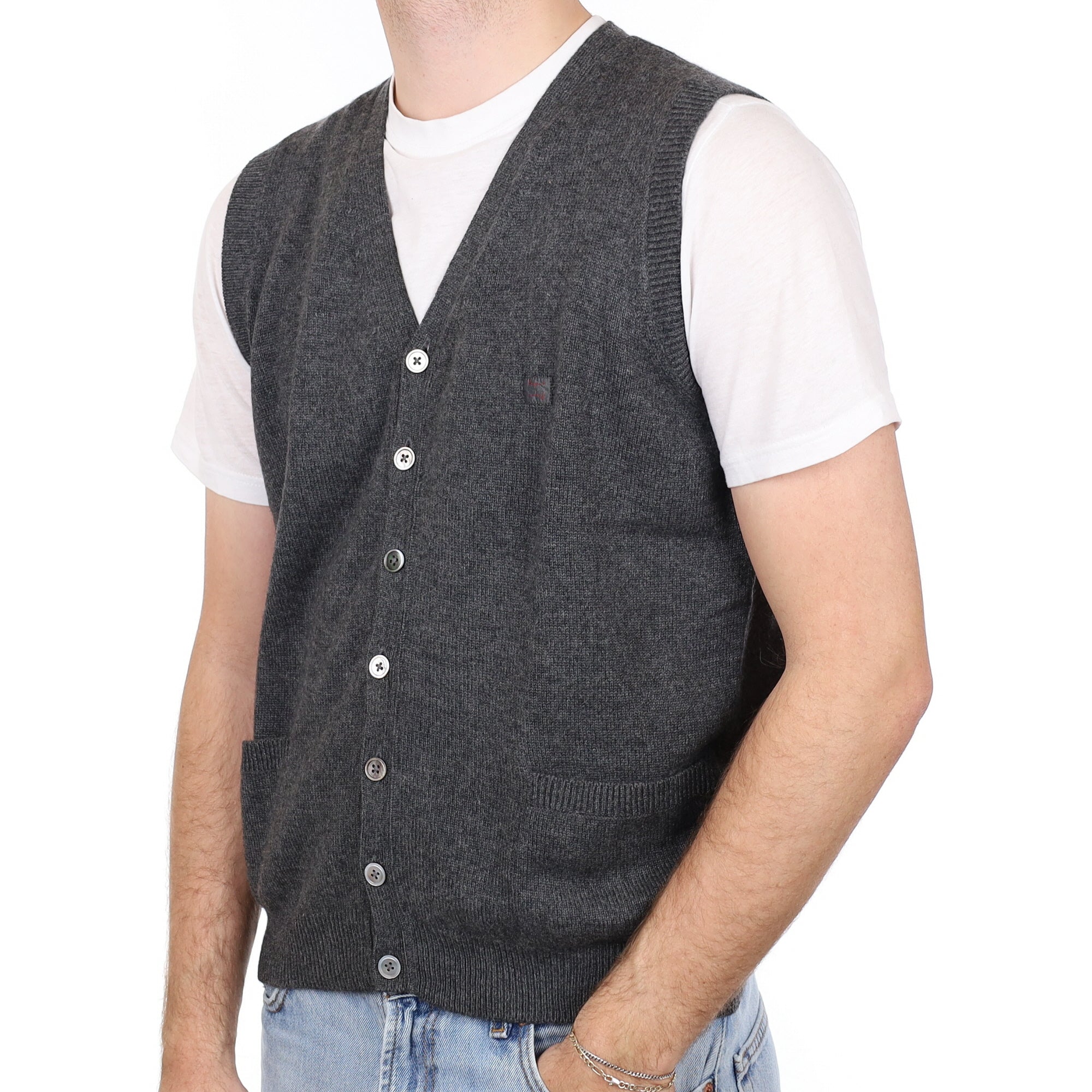 Men's Granite Grey Cashmere V Neck Waistcoat with Pockets  Medium
