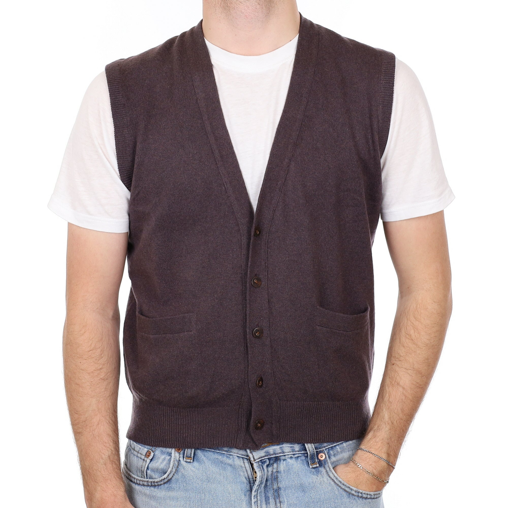 Men's Puce Purple Cashmere V Neck Waistcoat with Pockets Medium