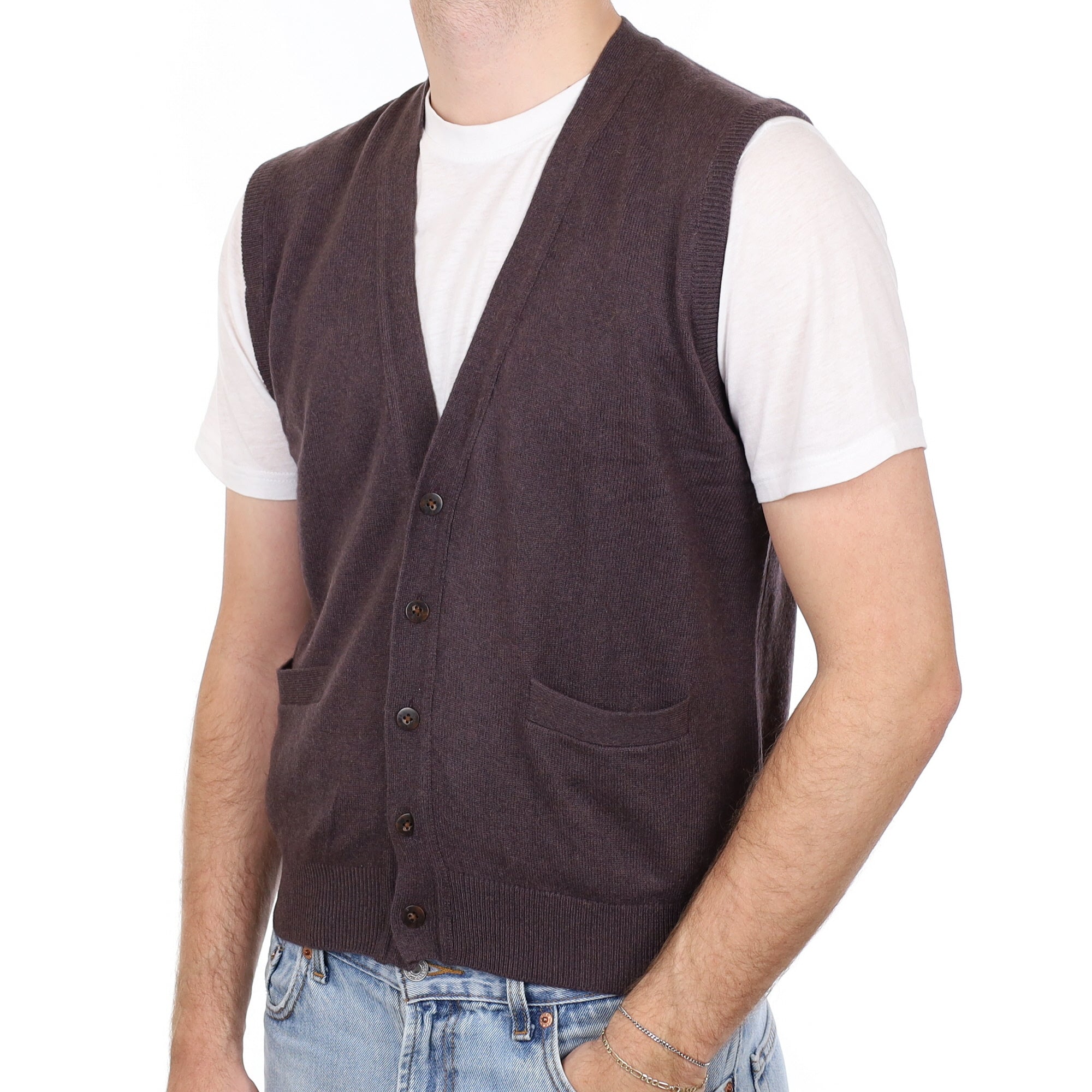 Men's Puce Purple Cashmere V Neck Waistcoat with Pockets Medium