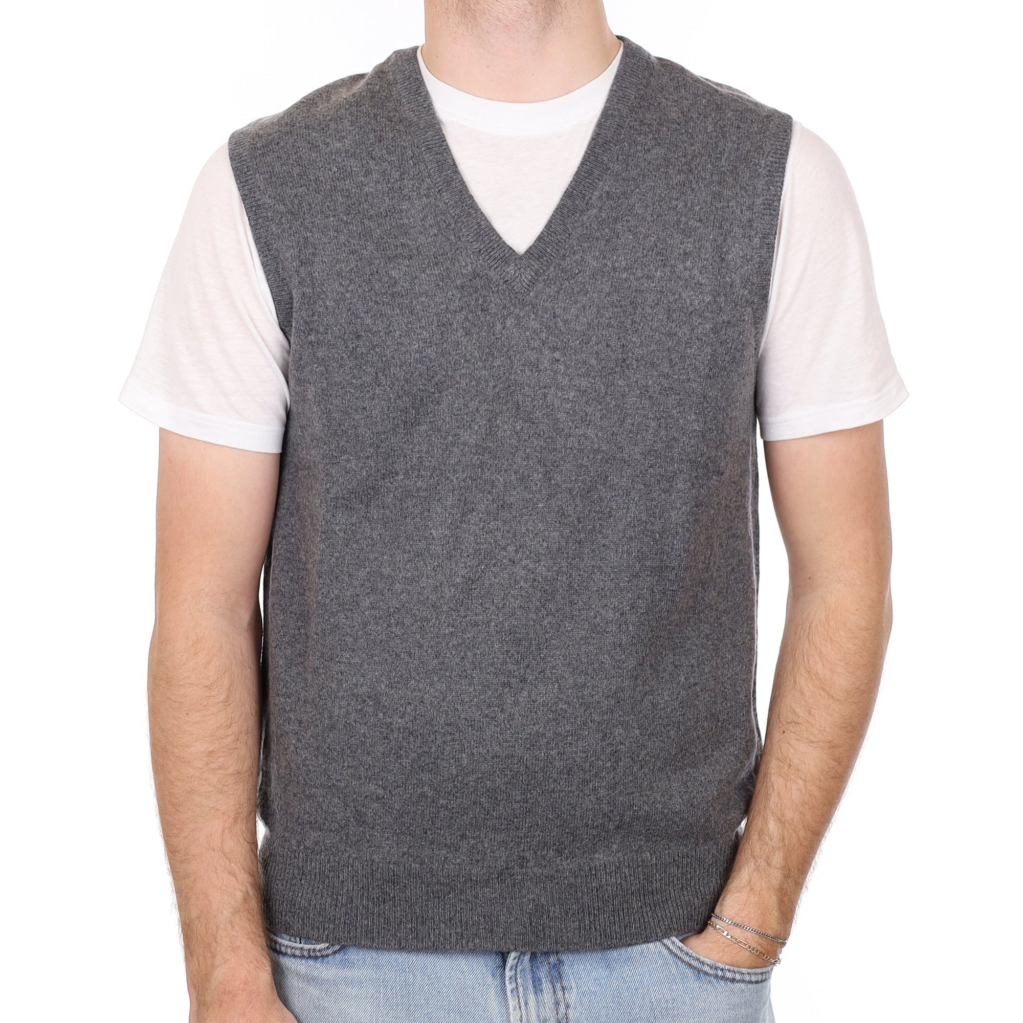 Men's Slate Grey Cashmere V Neck Tank Top Medium